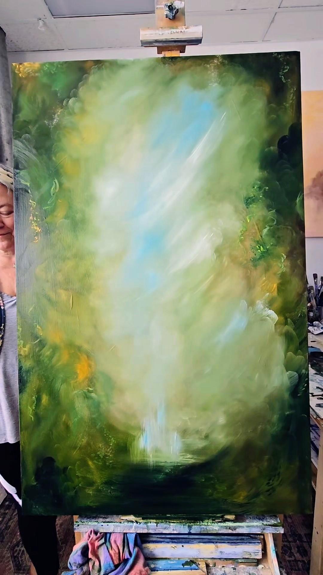I Awoke Alone in Narnia - Dramatic green abstract landscape nature painting For Sale 15