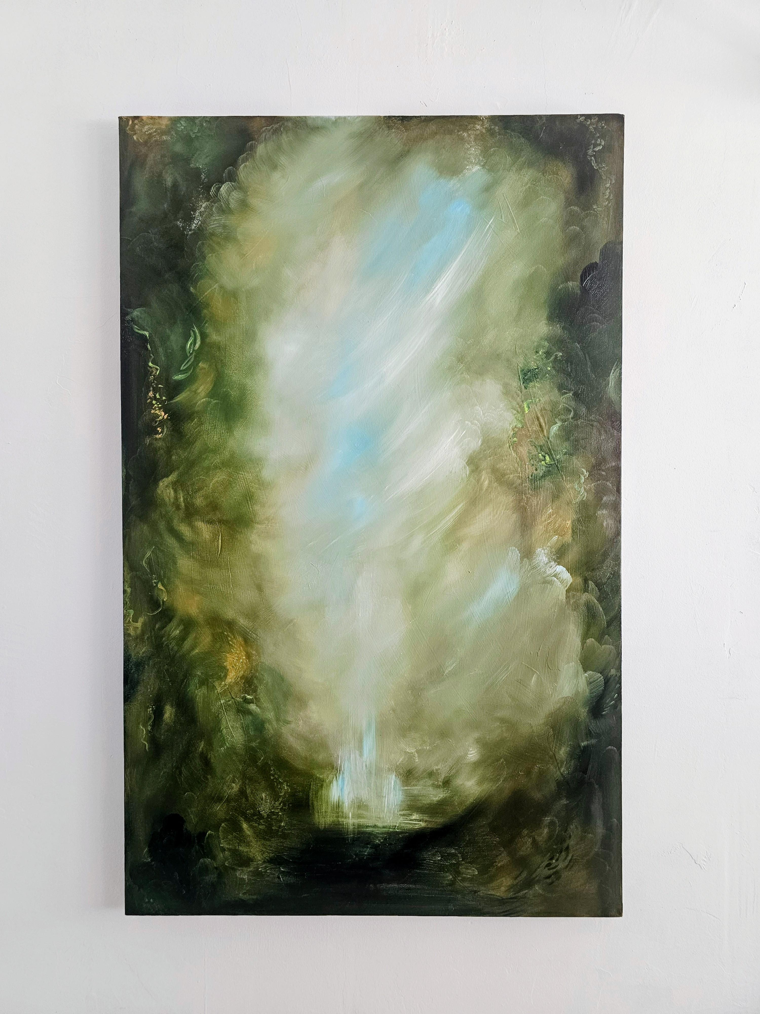 I Awoke Alone in Narnia - Dramatic green abstract landscape nature painting - Contemporary Painting by Jennifer L. Baker