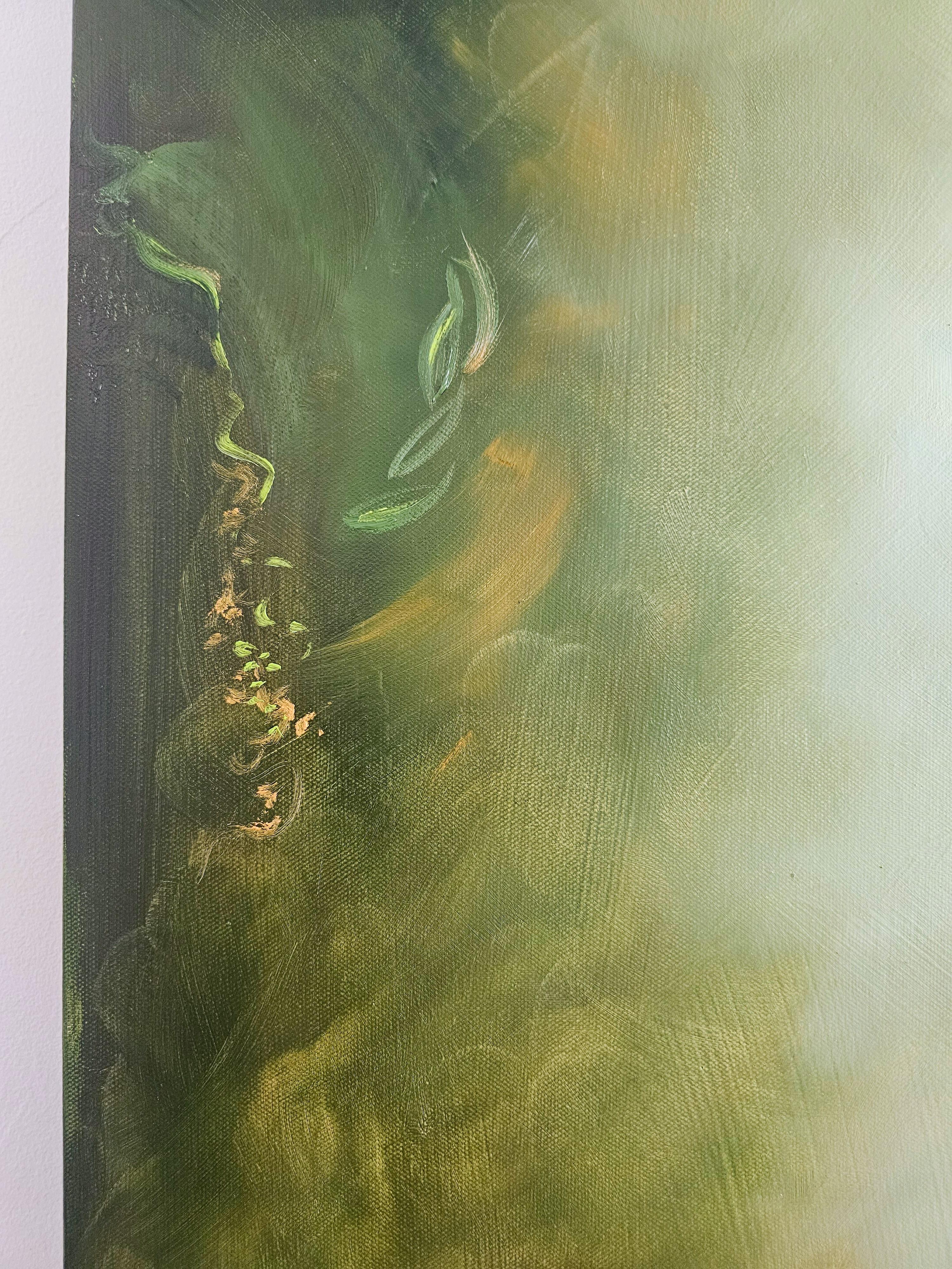 I Awoke Alone in Narnia - Dramatic green abstract landscape nature painting - Gray Landscape Painting by Jennifer L. Baker
