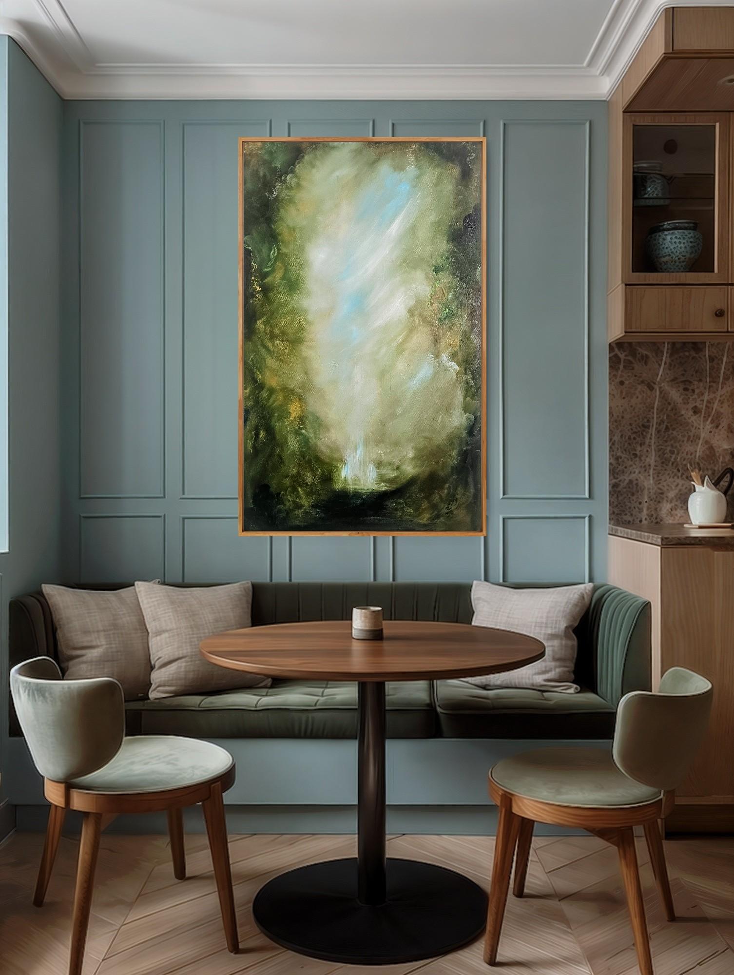 This piece is dedicated to the place that my spirit goes when I pick up a paintbrush, where the real world fades away and I am transported to a place like Narnia. It is a soulful, dramatic abstract landscape in deep emerald greens, metallic gold,