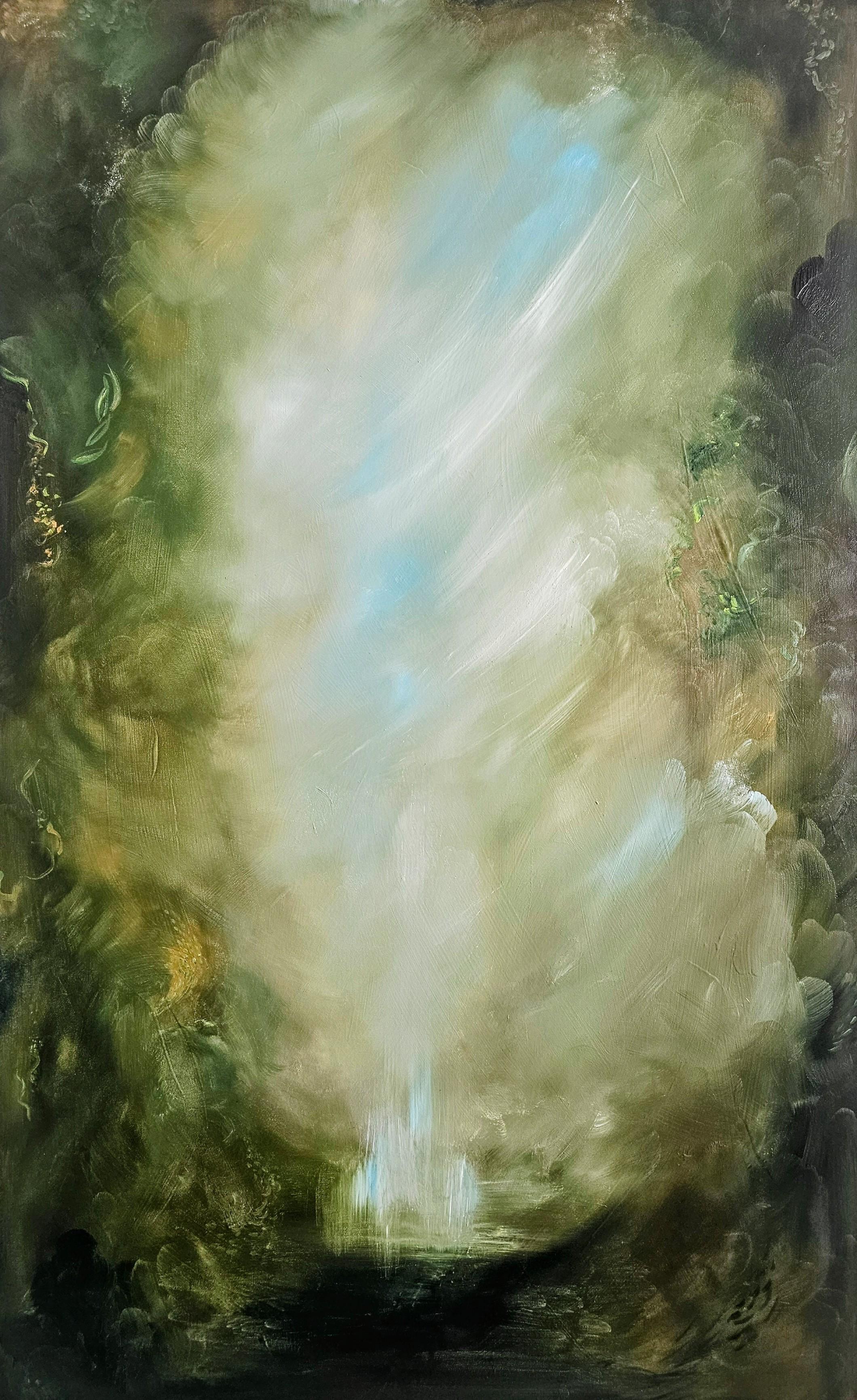 Jennifer L. Baker Landscape Painting - I Awoke Alone in Narnia - Dramatic green abstract landscape nature painting
