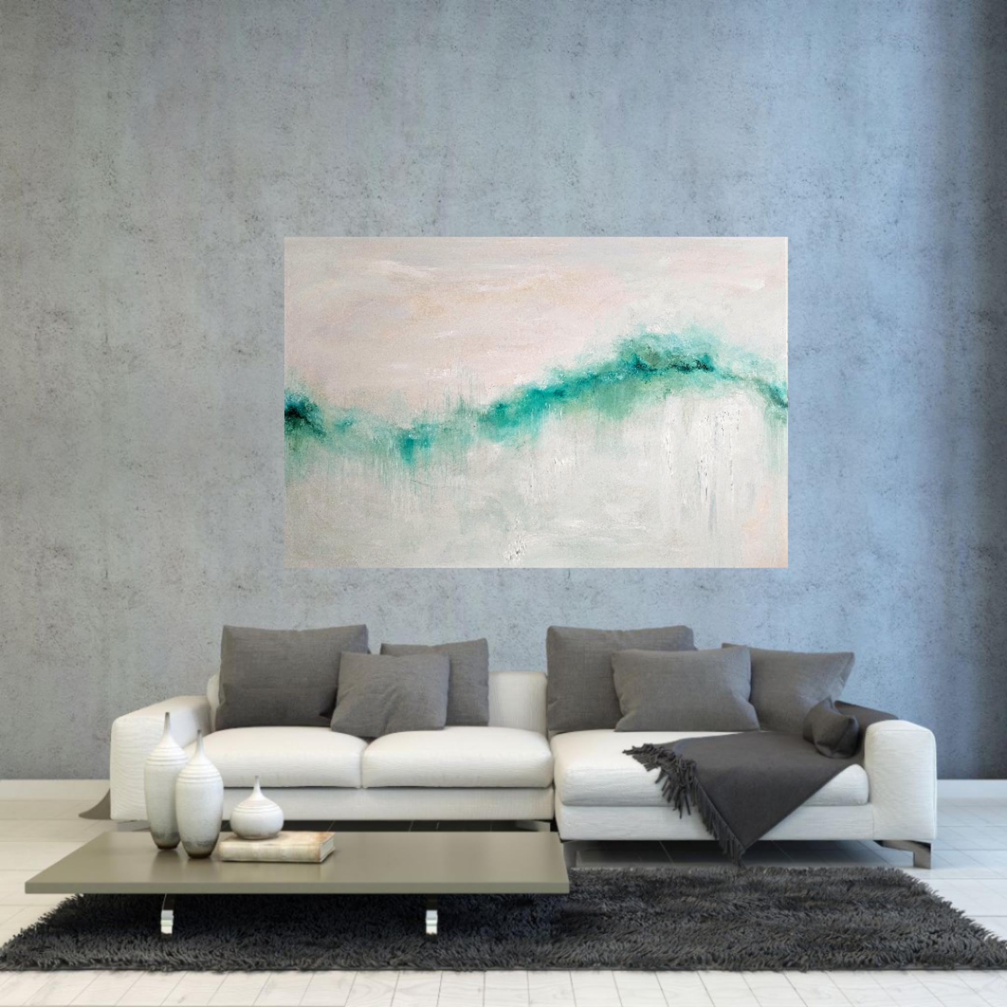 A large abstract seascape painting dedicated to the magic of the Mediterranean. An opening, moving, dancing wave. In a palette of bright greens, blues. On a background of layered muted tones. Inspired by an intense love for the greens and blues of