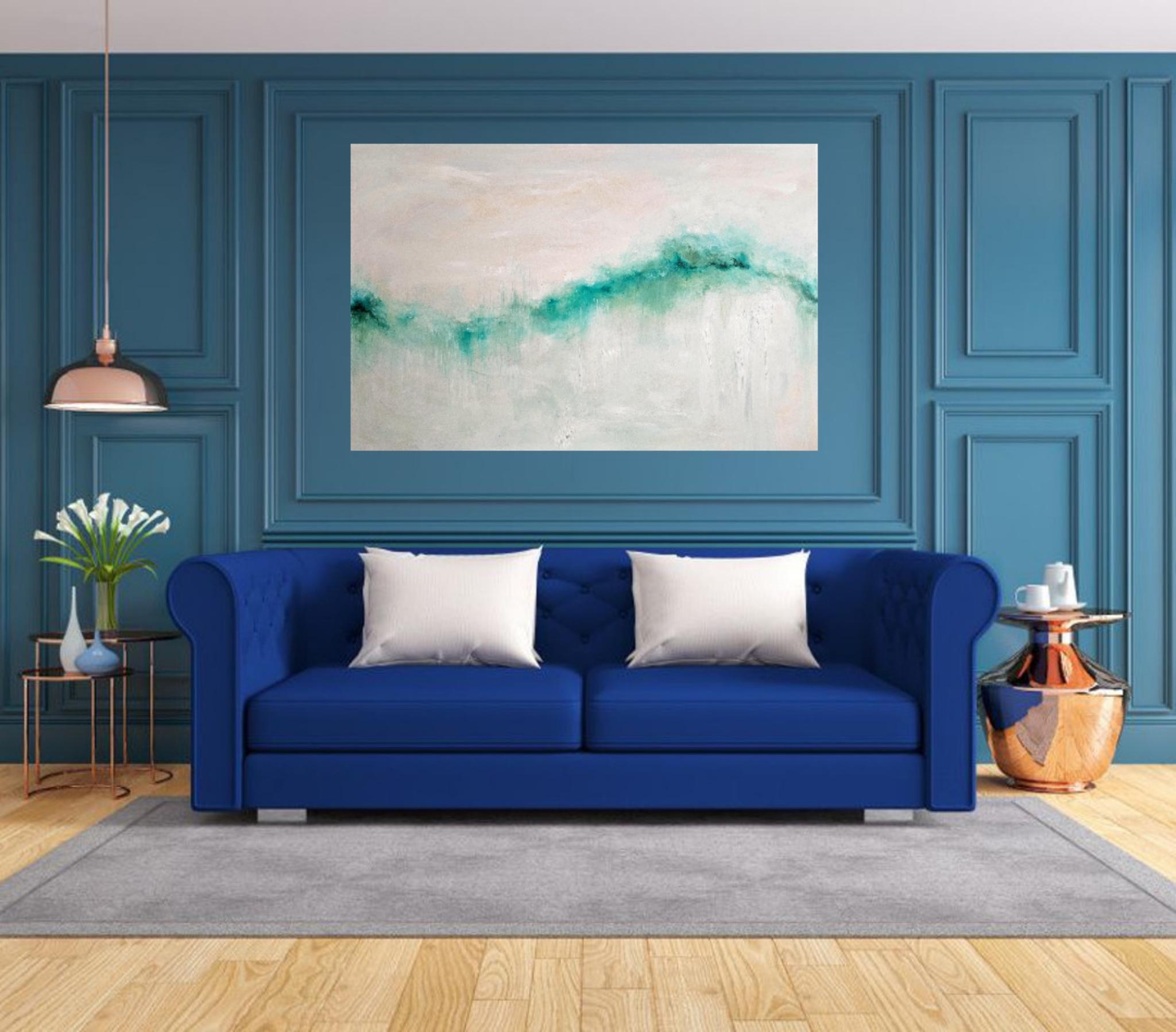 A large abstract seascape painting dedicated to the magic of the Mediterranean. An opening, moving, dancing wave. In a palette of bright greens, blues. On a background of layered muted tones. Inspired by an intense love for the greens and blues of
