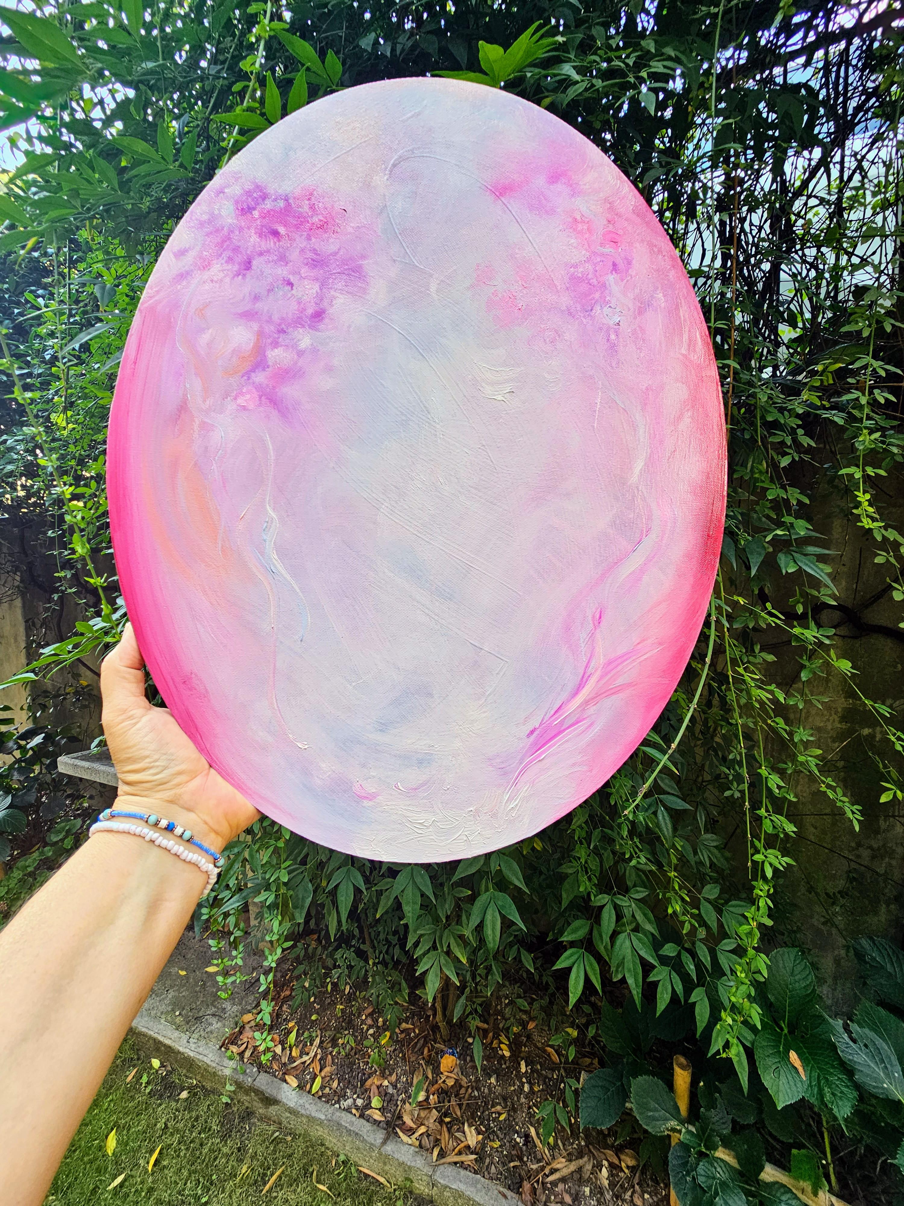 I fell in love - Pink oval abstract painting - Painting by Jennifer L. Baker