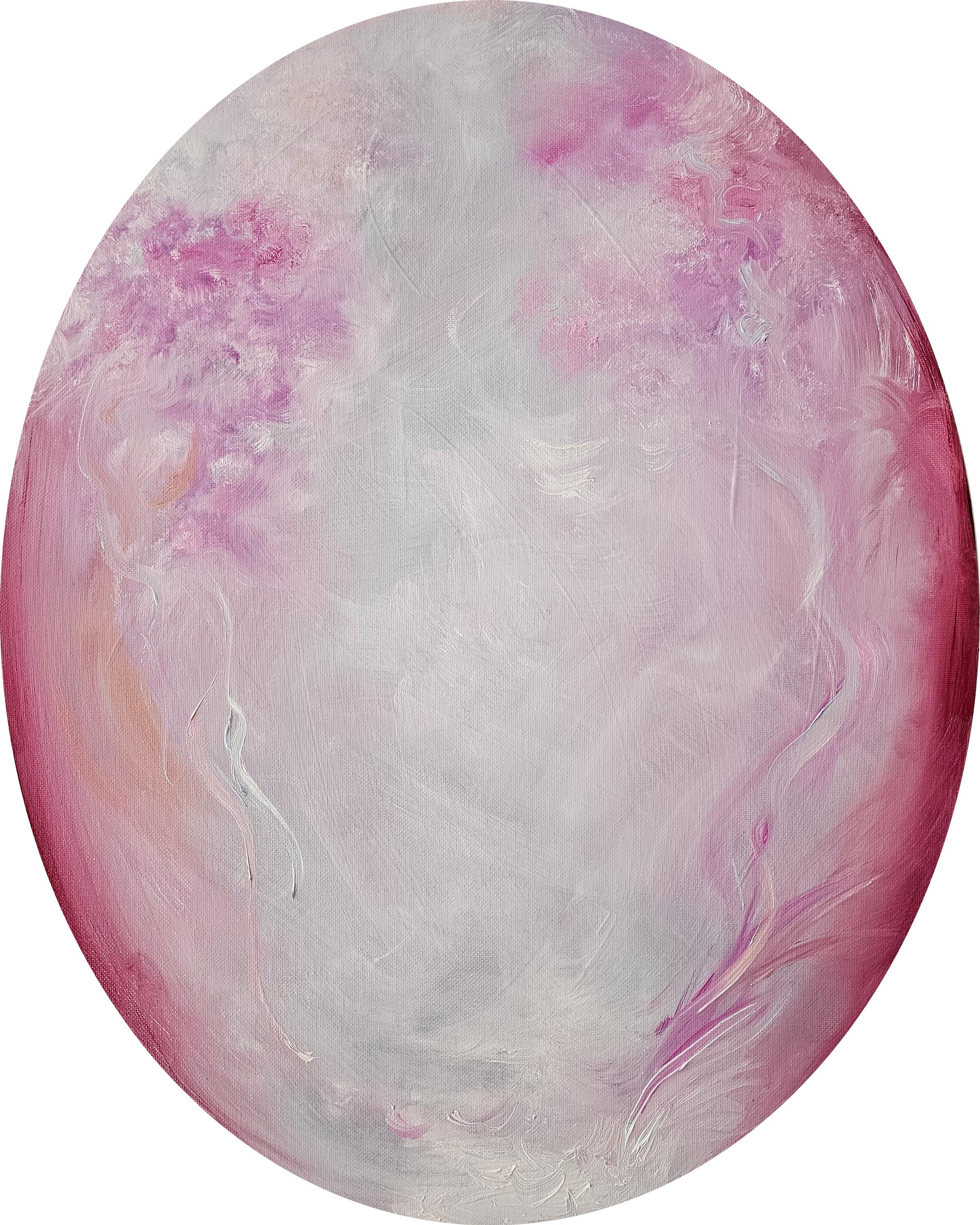 Jennifer L. Baker Abstract Painting – I fell in love - Rosa ovales abstraktes Gemälde