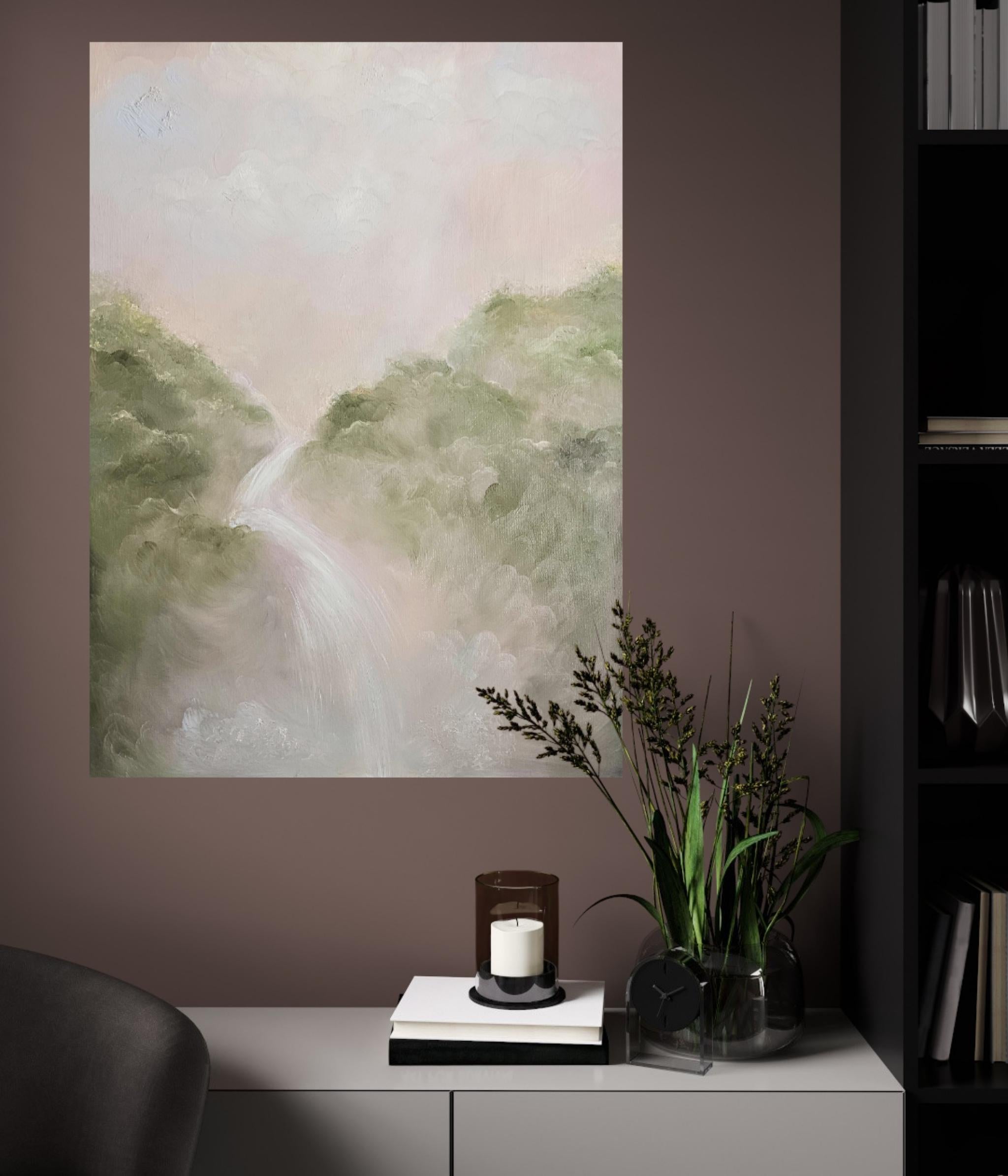 I remember the sweetness of life - Dreamy soft atmospheric waterfall painting For Sale 7