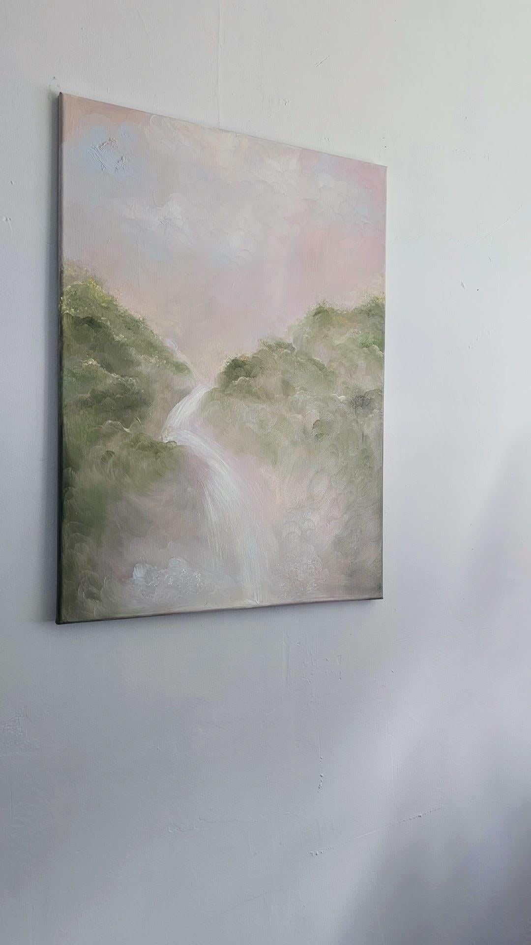 I remember the sweetness of life - Dreamy soft atmospheric waterfall painting - Gray Landscape Painting by Jennifer L. Baker
