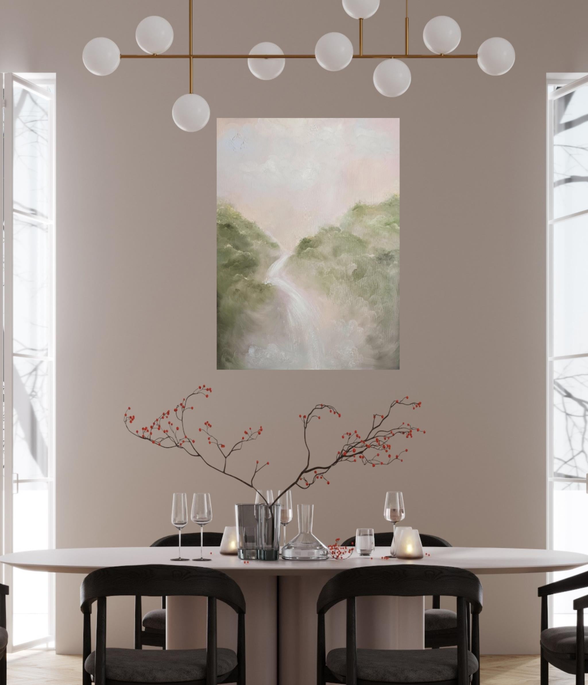 I remember the sweetness of life - Dreamy soft atmospheric waterfall painting For Sale 4