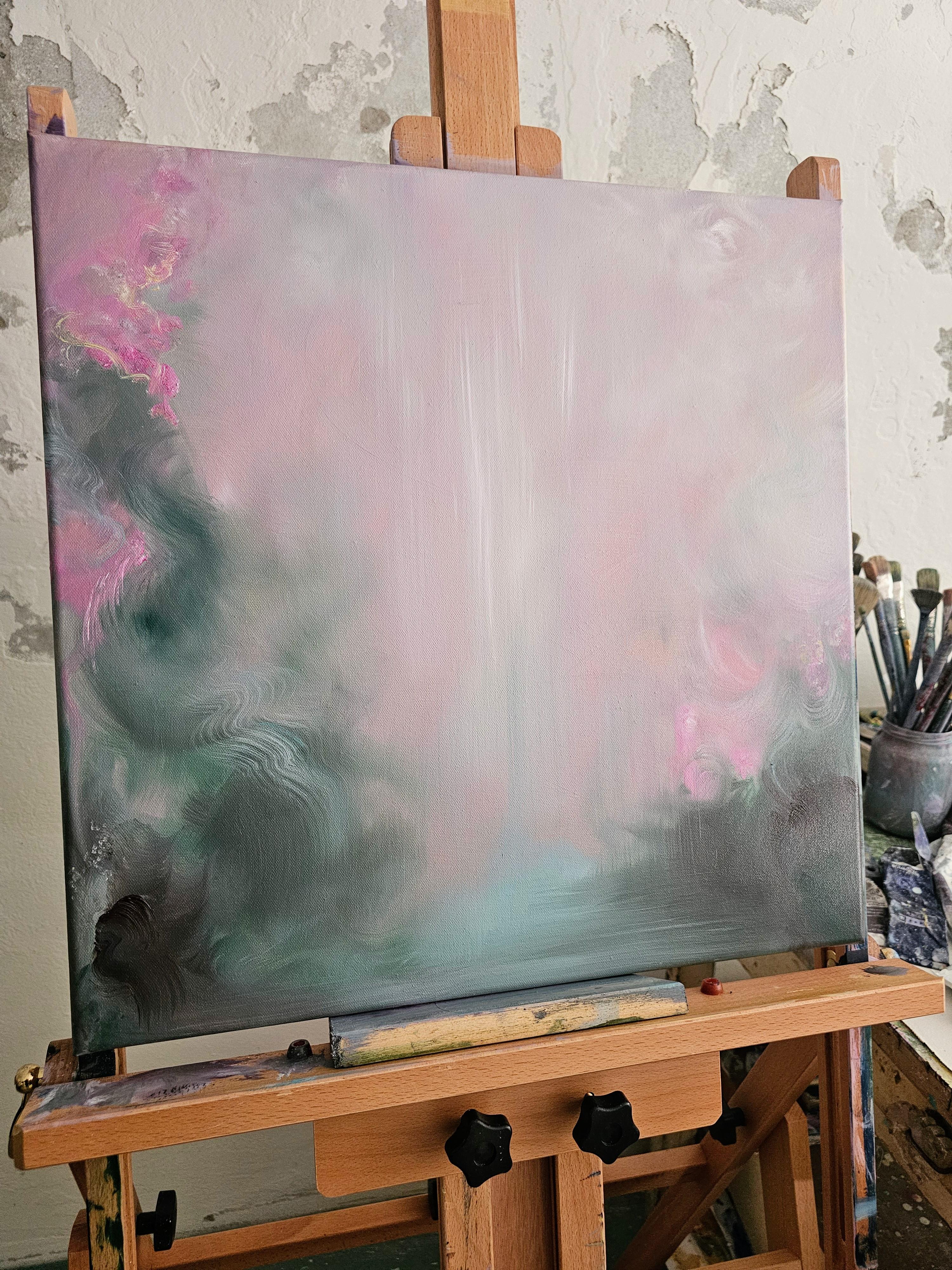 Stavo cercando rose - Paesaggio floreale astratto rosa e verde da sogno in vendita 9