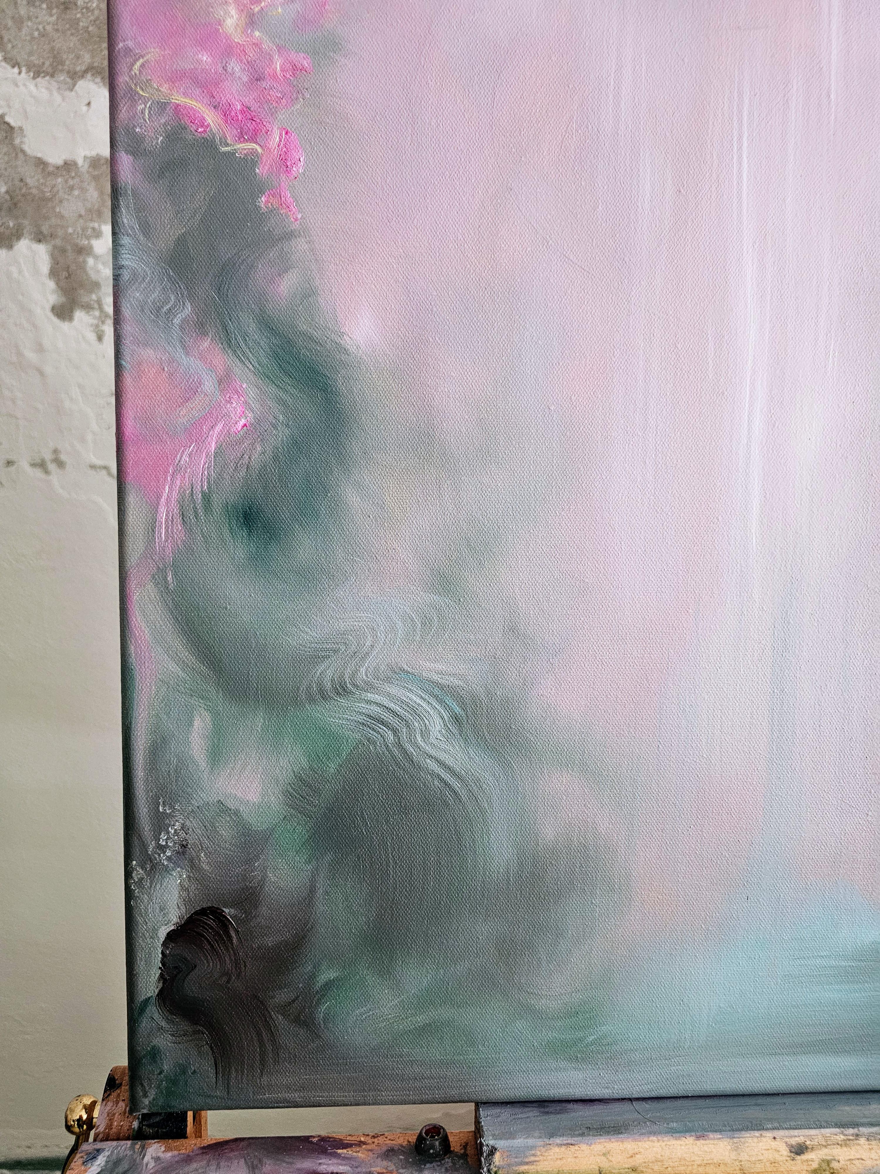 Stavo cercando rose - Paesaggio floreale astratto rosa e verde da sogno in vendita 10