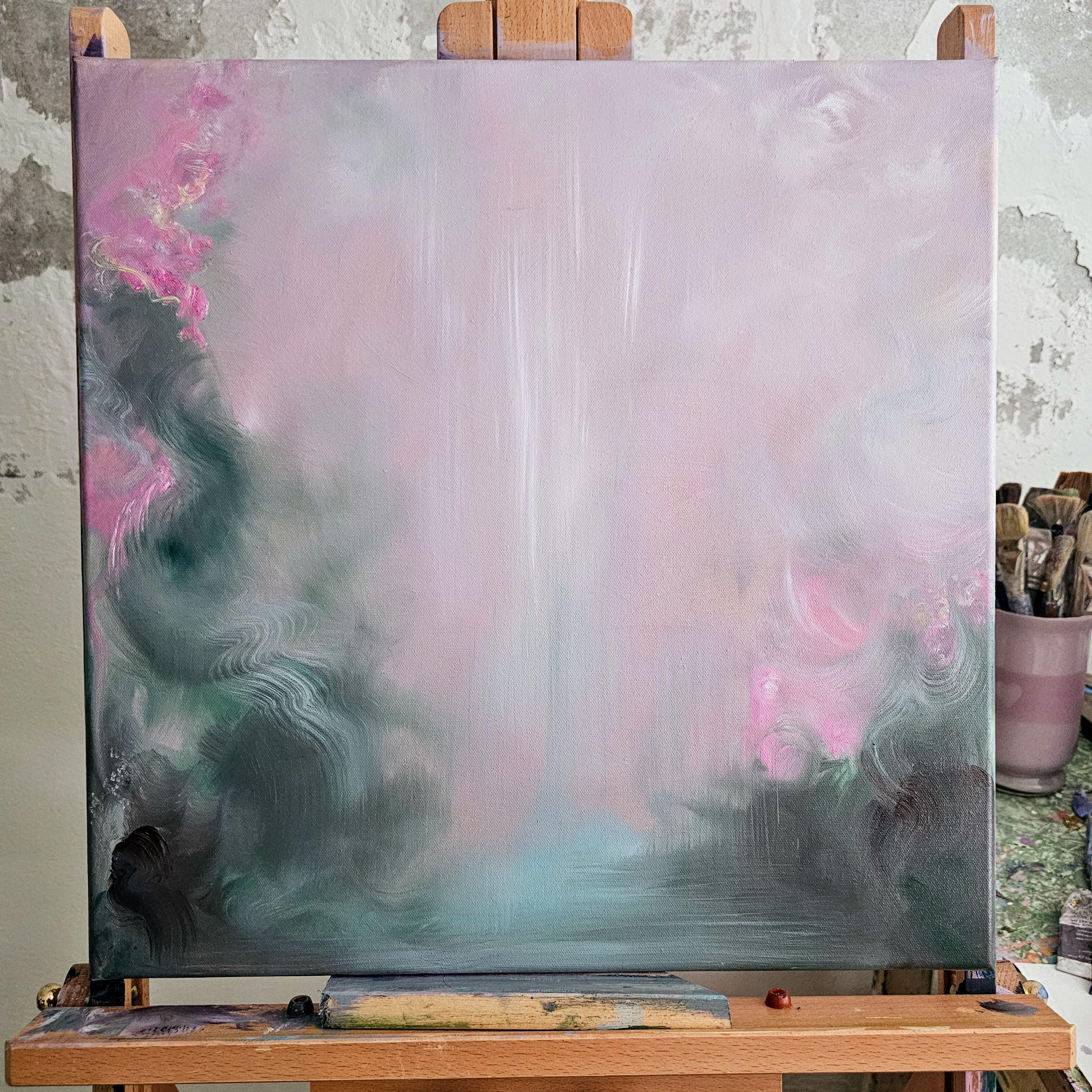 Stavo cercando rose - Paesaggio floreale astratto rosa e verde da sogno in vendita 12