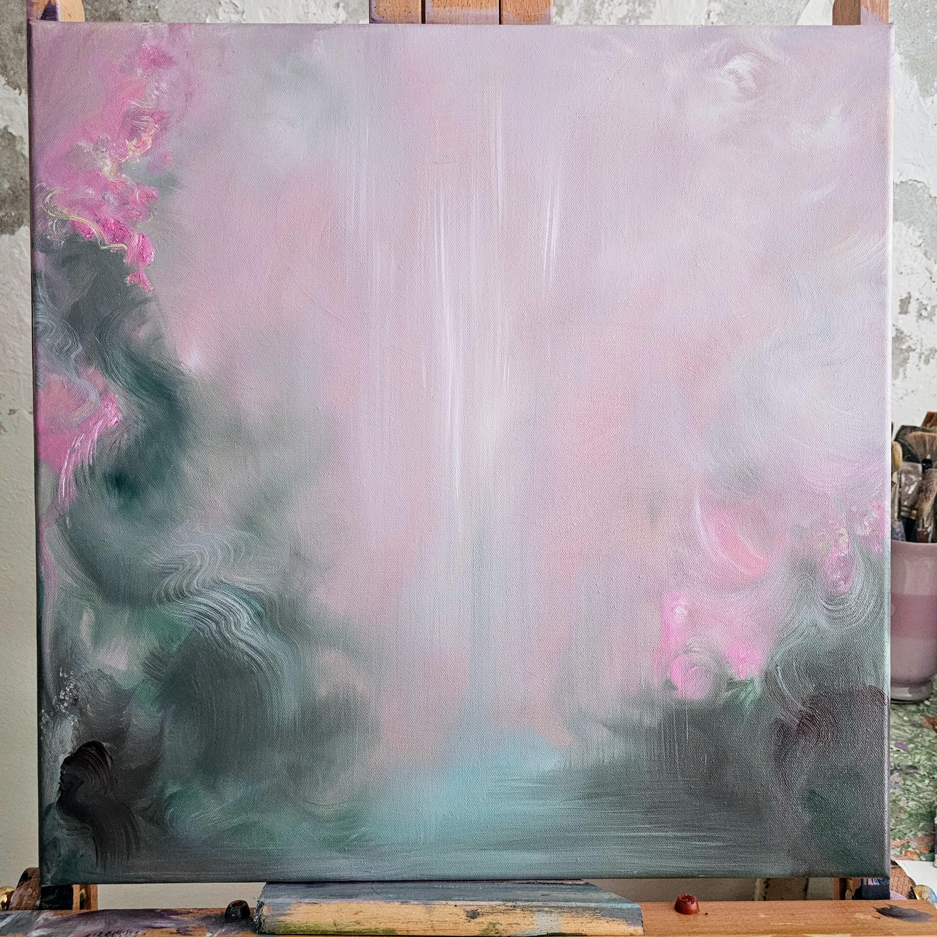 Stavo cercando rose - Paesaggio floreale astratto rosa e verde da sogno in vendita 13