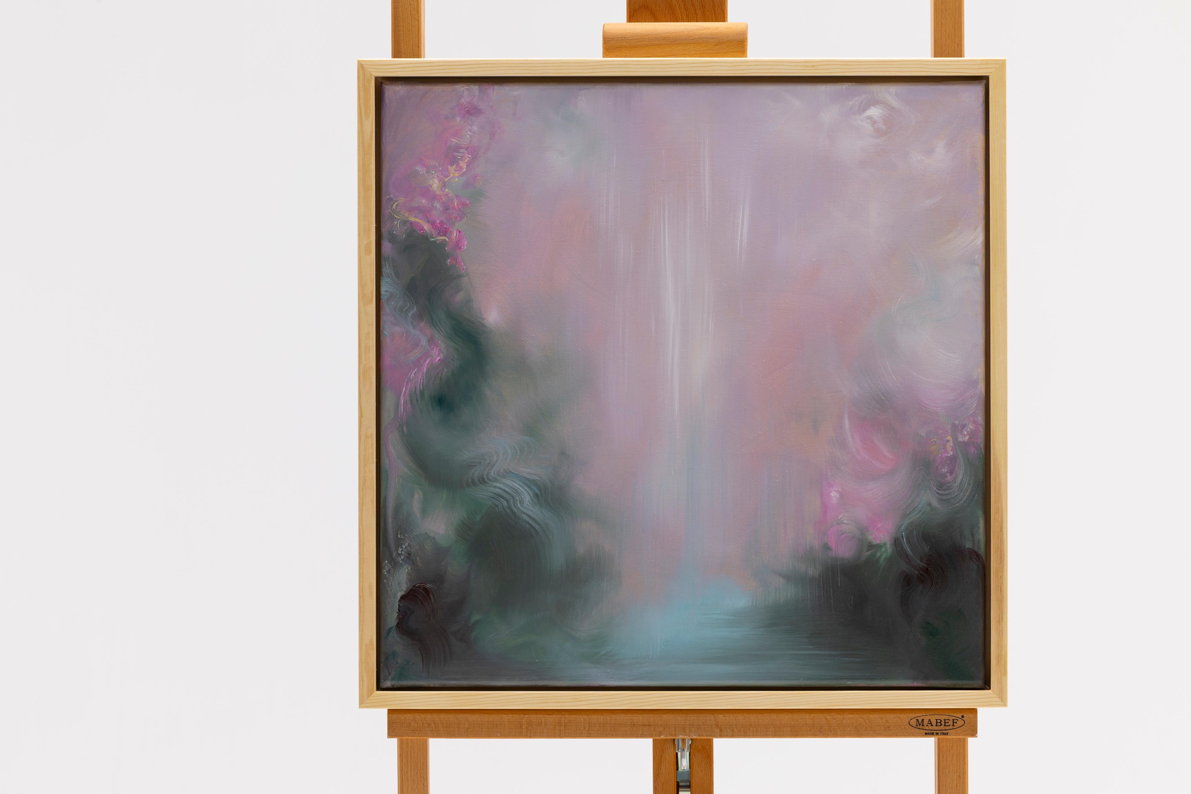 Stavo cercando rose - Paesaggio floreale astratto rosa e verde da sogno - Painting Contemporaneo di Jennifer L. Baker