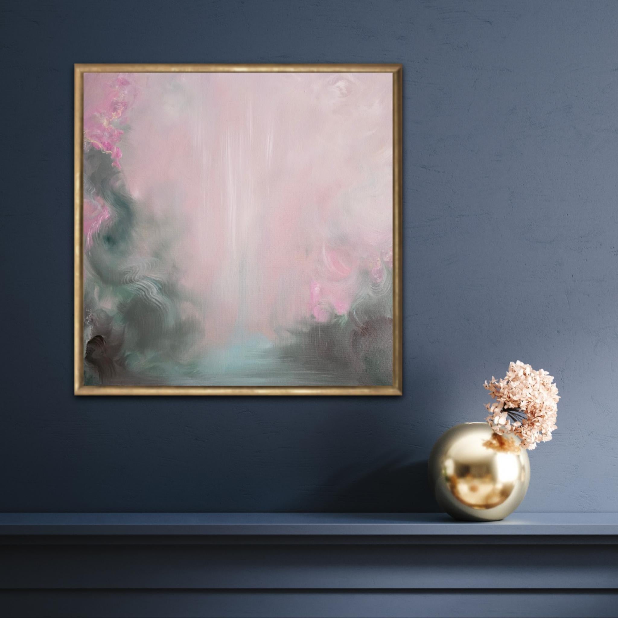 Stavo cercando rose - Paesaggio floreale astratto rosa e verde da sogno in vendita 2