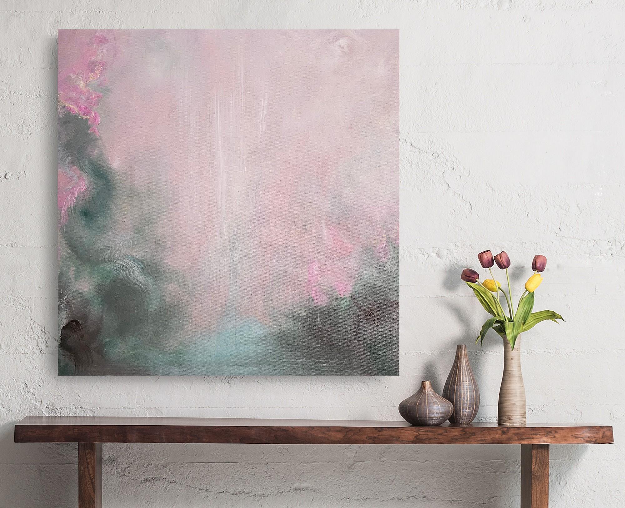 Stavo cercando rose - Paesaggio floreale astratto rosa e verde da sogno in vendita 5