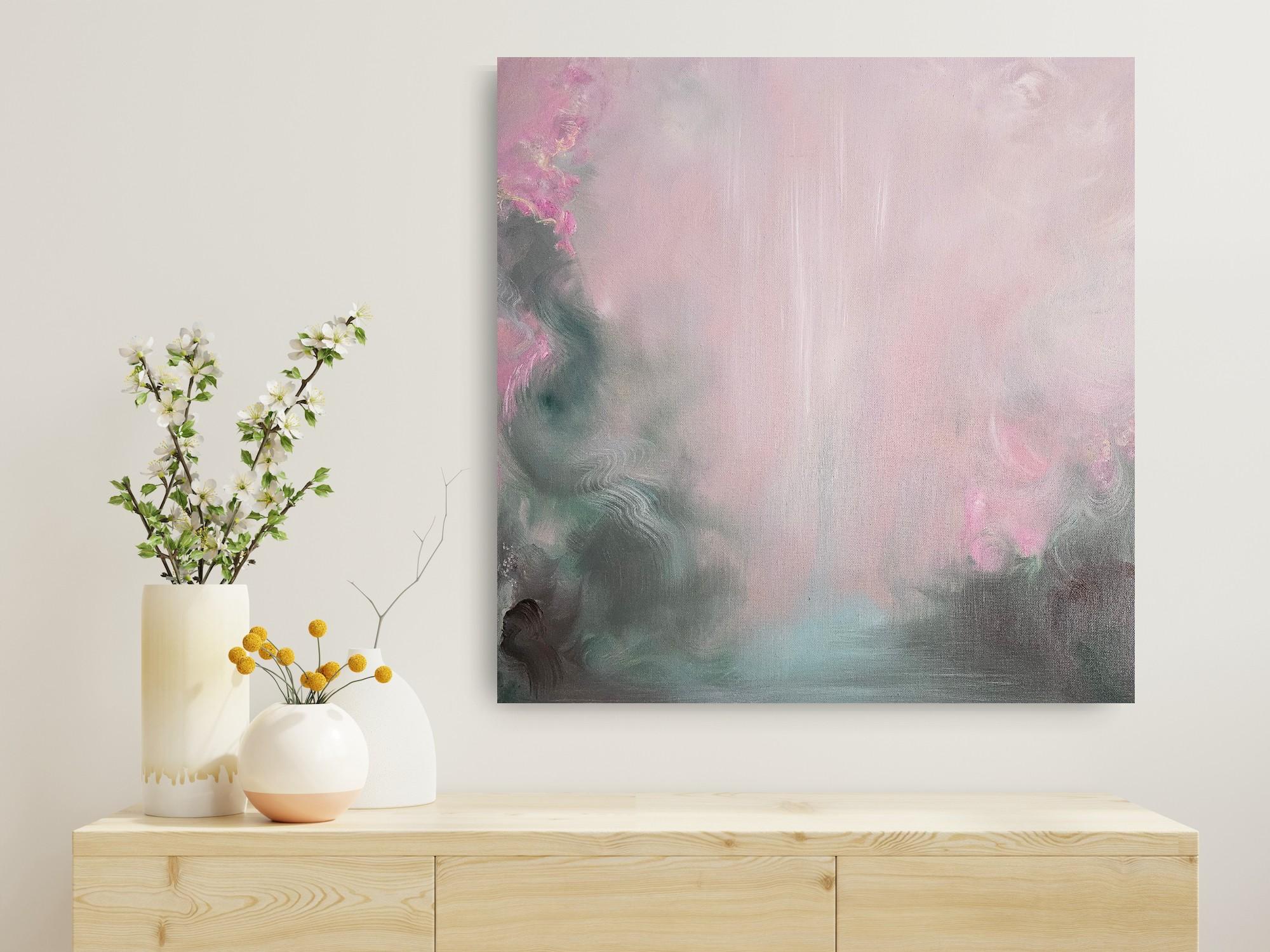 Stavo cercando rose - Paesaggio floreale astratto rosa e verde da sogno in vendita 6