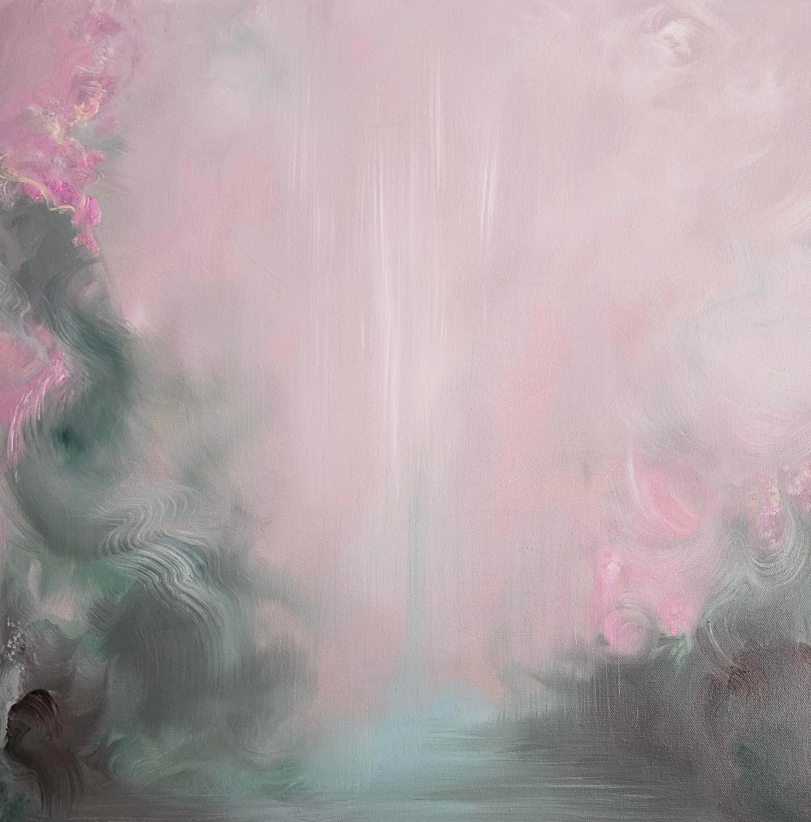 Stavo cercando rose - Paesaggio floreale astratto rosa e verde da sogno - Painting di Jennifer L. Baker