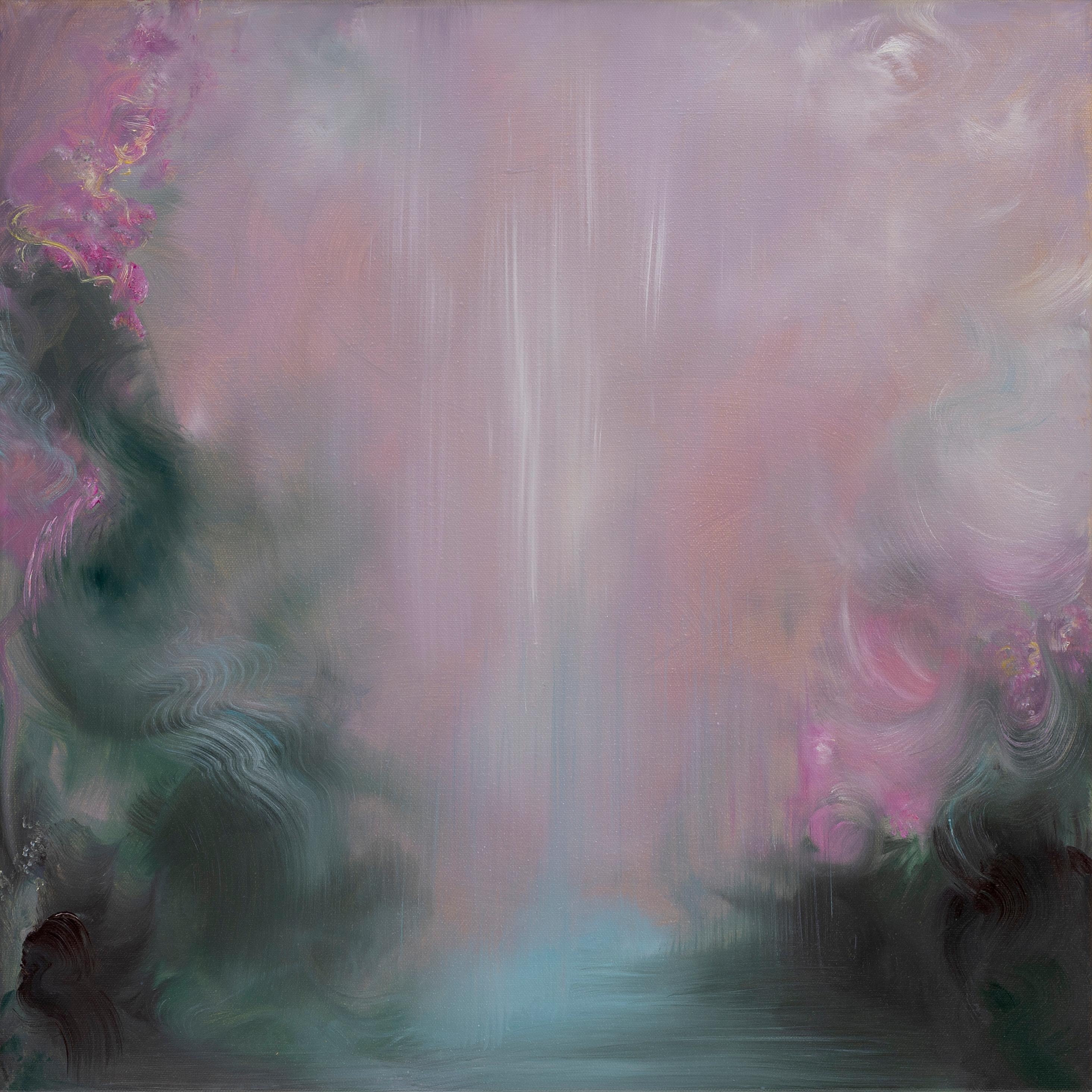 Abstract Painting di Jennifer L. Baker - Stavo cercando rose - Paesaggio floreale astratto rosa e verde da sogno