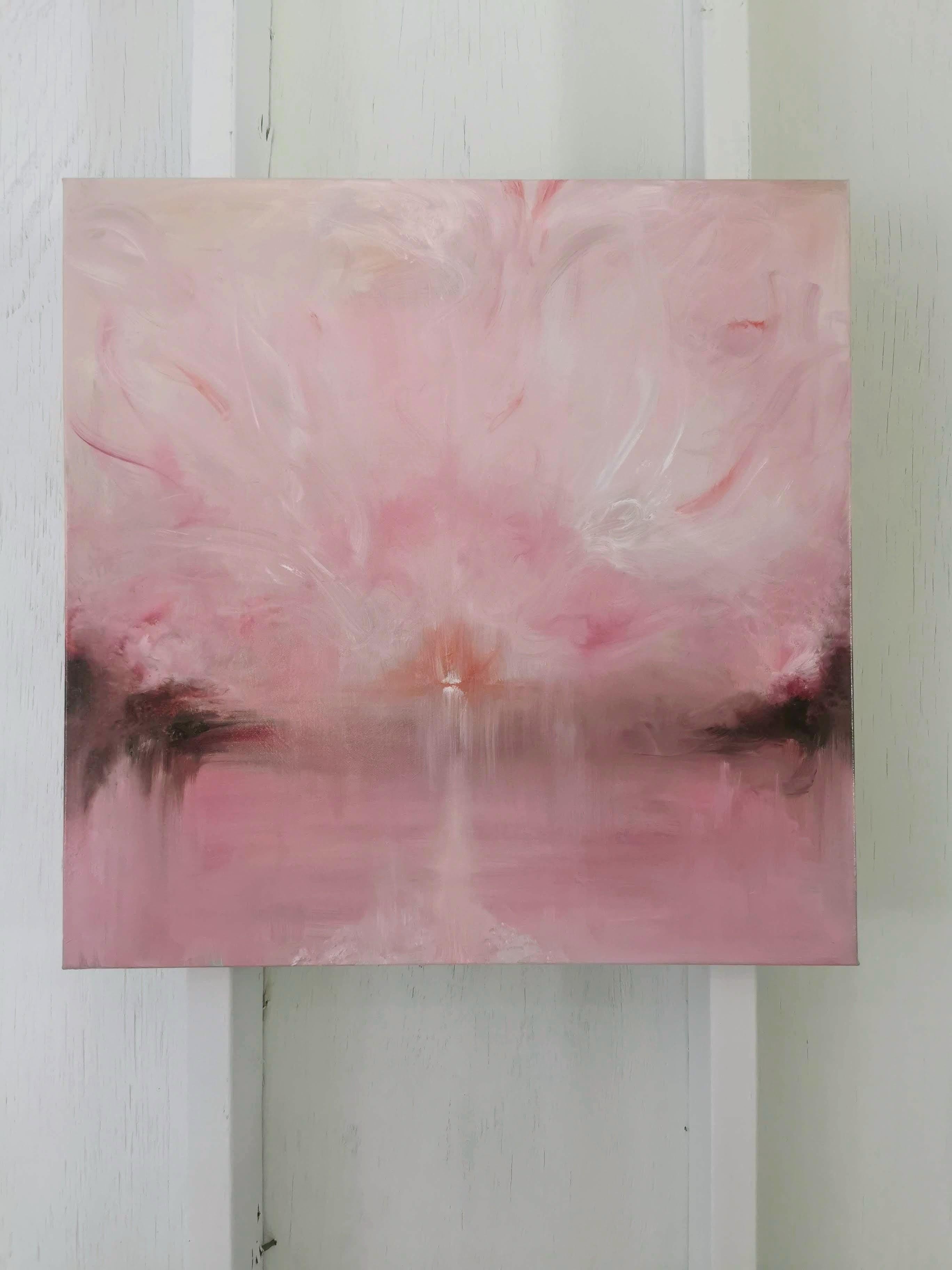 Il Miracolo - Pink peach fuzz color abstract sunset landscape painting - Painting by Jennifer L. Baker
