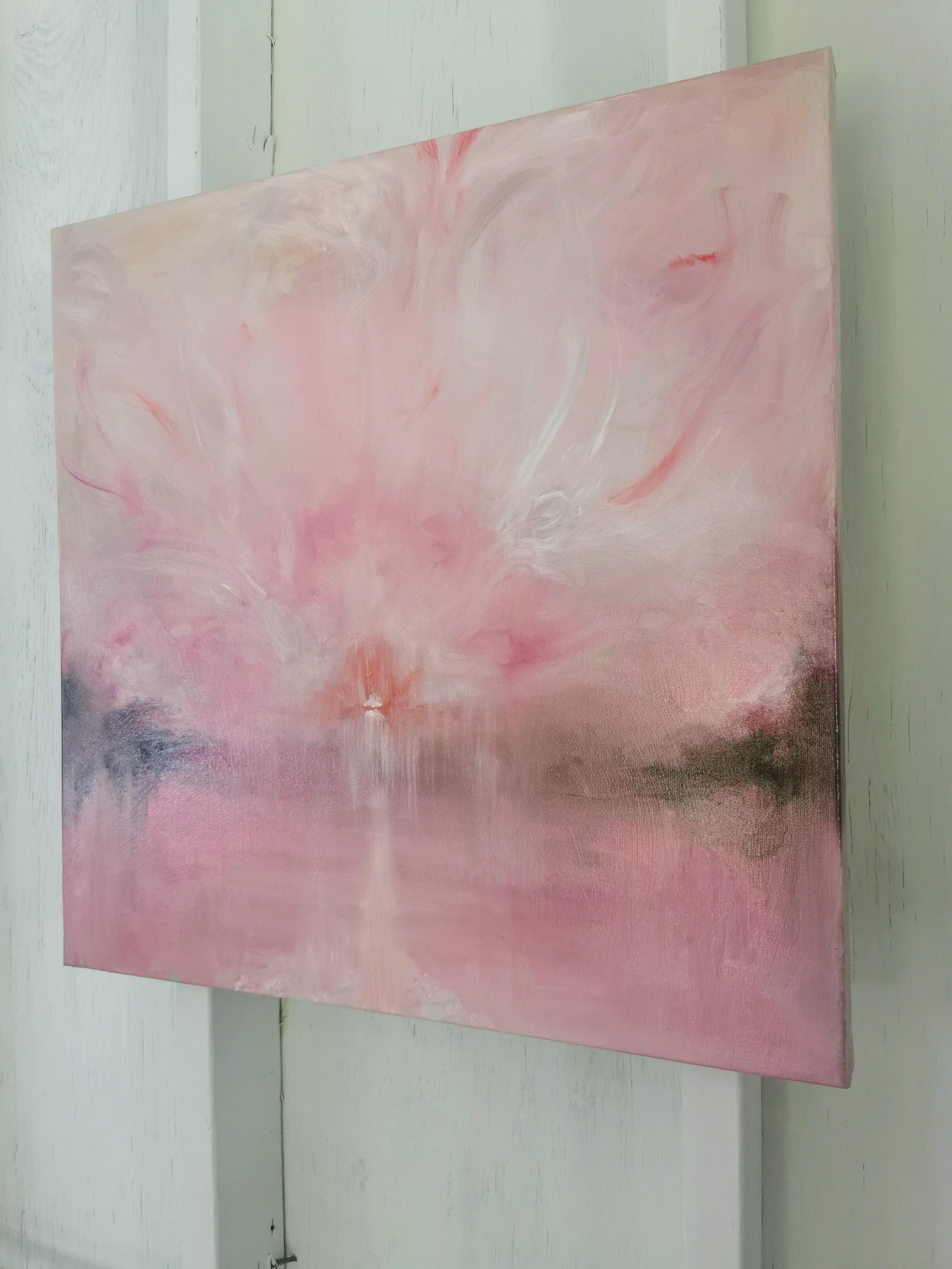 Il Miracolo - Pink peach fuzz color abstract sunset landscape painting - Abstract Impressionist Painting by Jennifer L. Baker