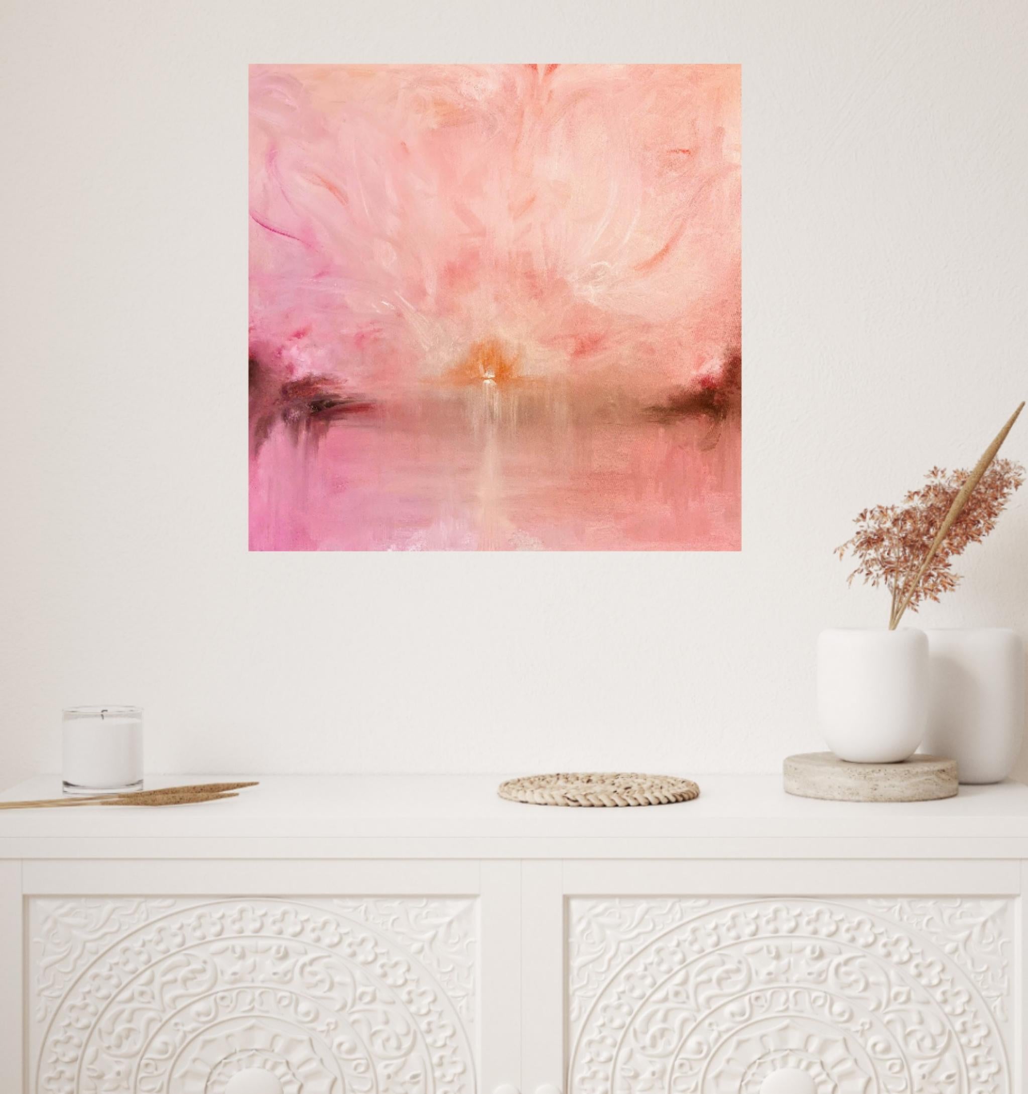 Il Miracolo - Peinture abstraite de paysage de coucher de soleil de couleur pêche rose - Rose Landscape Painting par Jennifer L. Baker