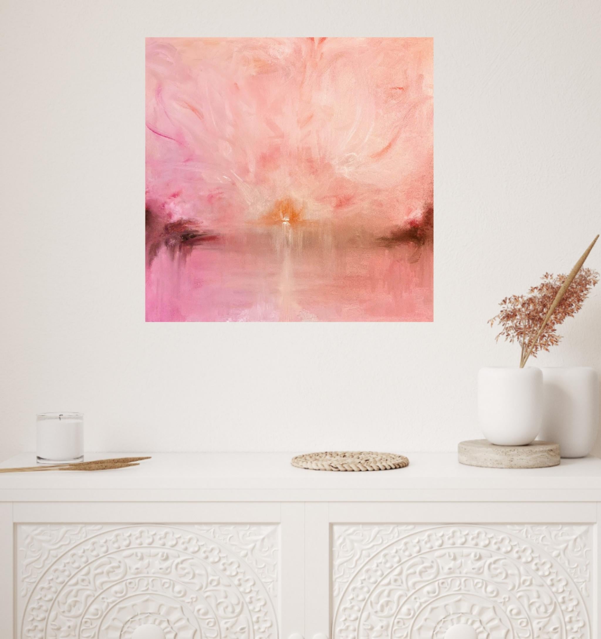 Il Miracolo - Quadro astratto di paesaggio al tramonto, rosa pesca e caldo - Landscape Painting Rosa di Jennifer L. Baker