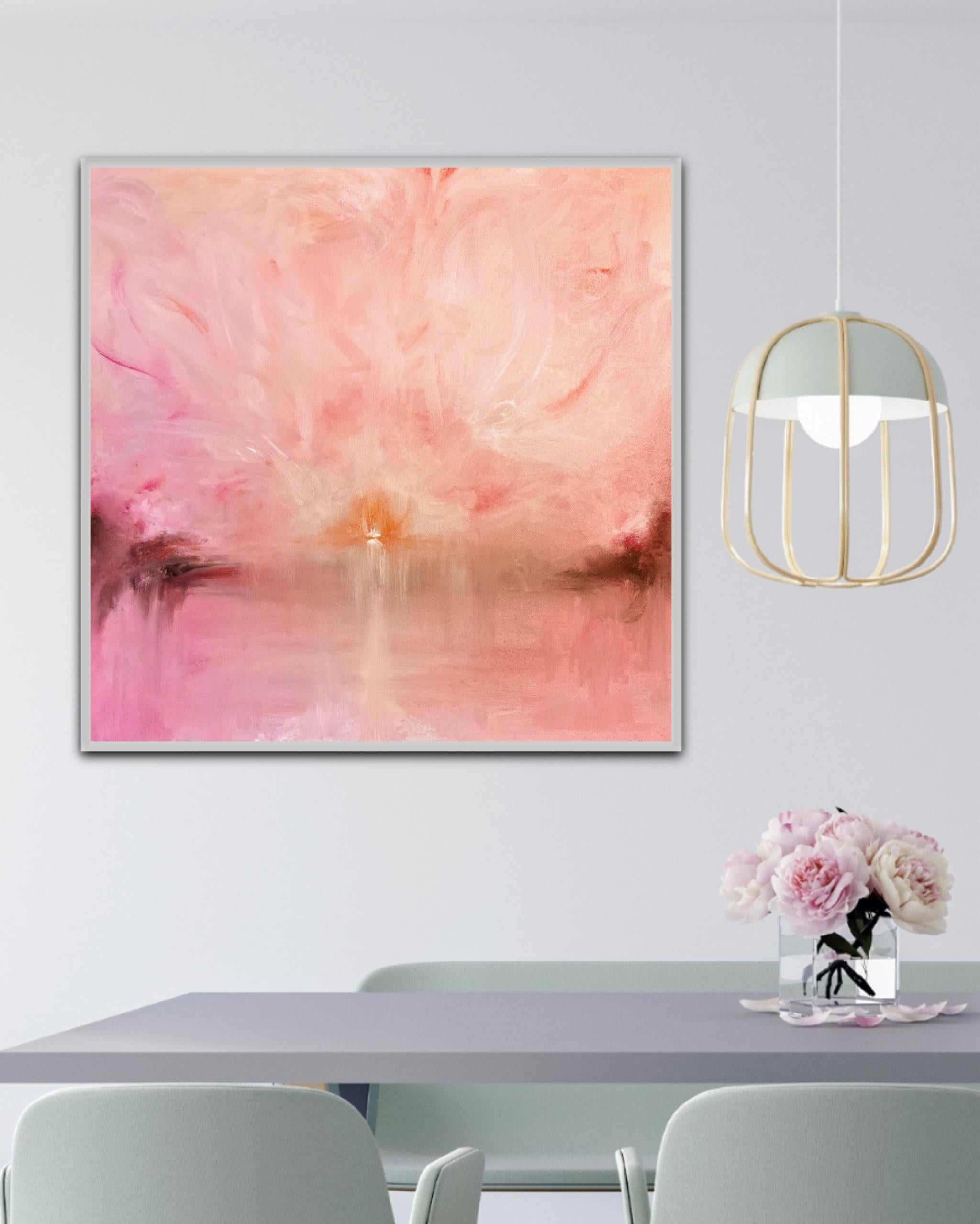 Il Miracolo - Pink peach fuzz color abstract sunset landscape painting For Sale 4