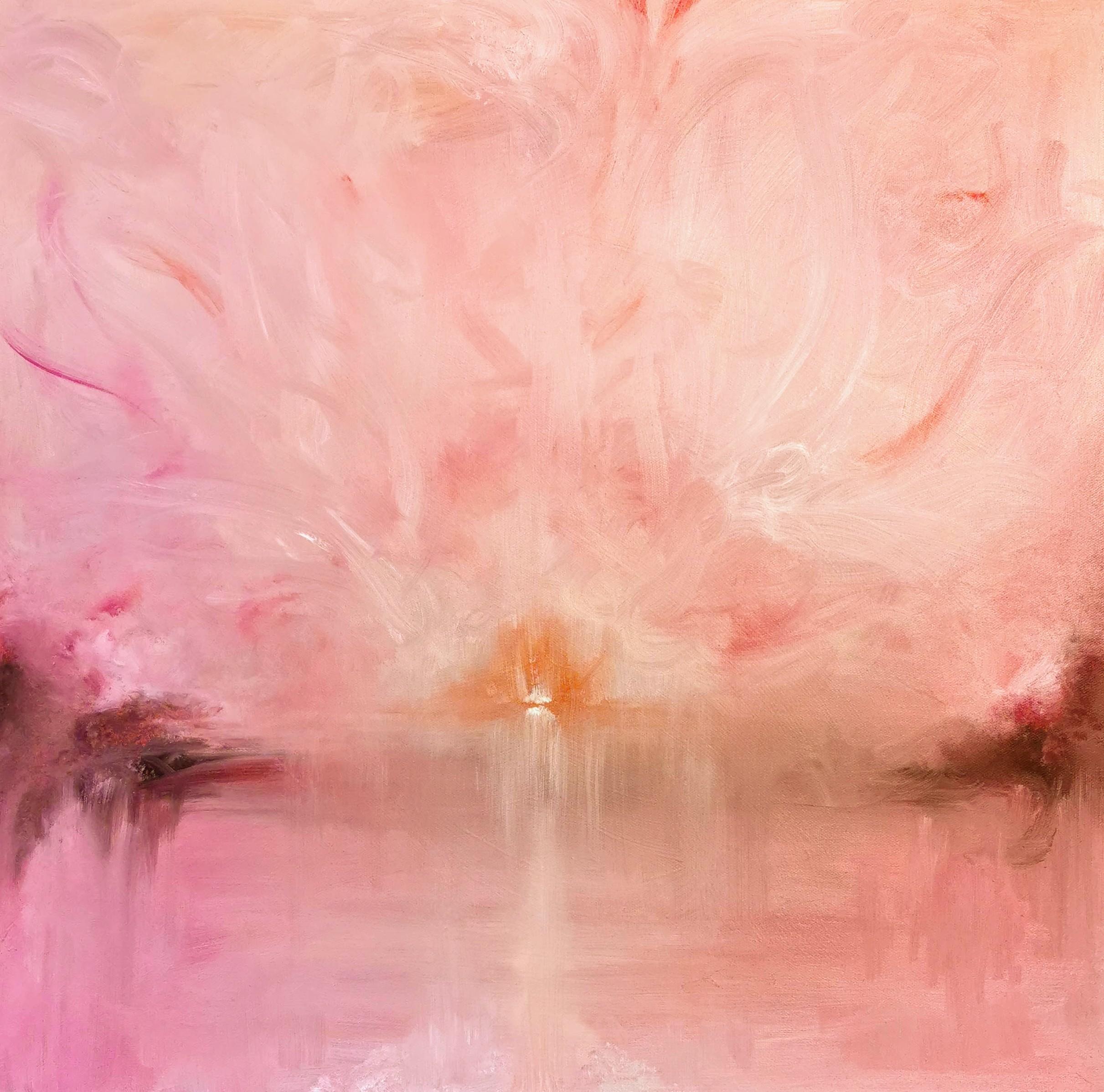Landscape Painting Jennifer L. Baker - Il Miracolo - Peinture abstraite de paysage de coucher de soleil de couleur pêche rose