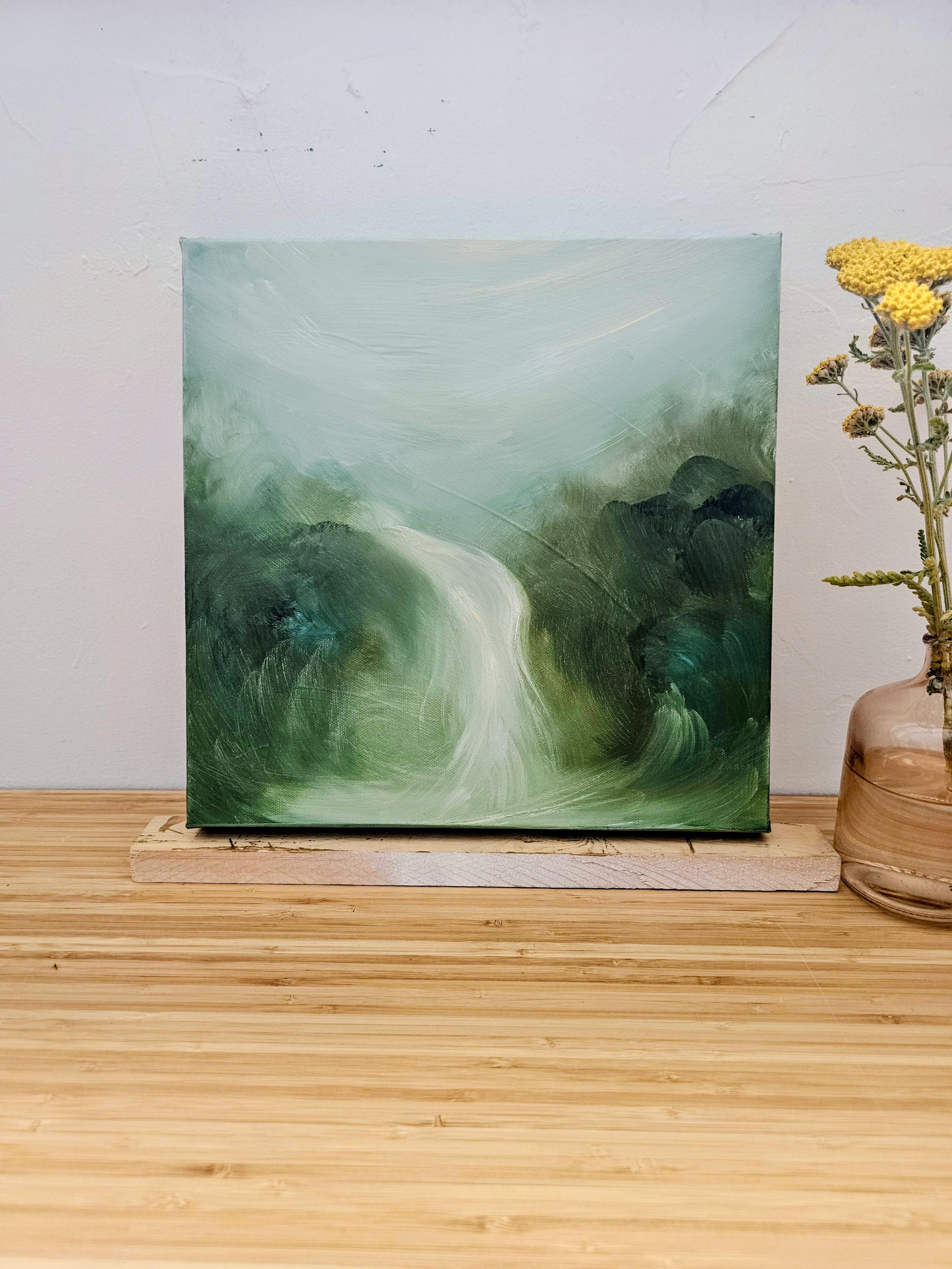 Incantata - Dreamy atmospheric green abstract landscape waterfall painting - Painting by Jennifer L. Baker