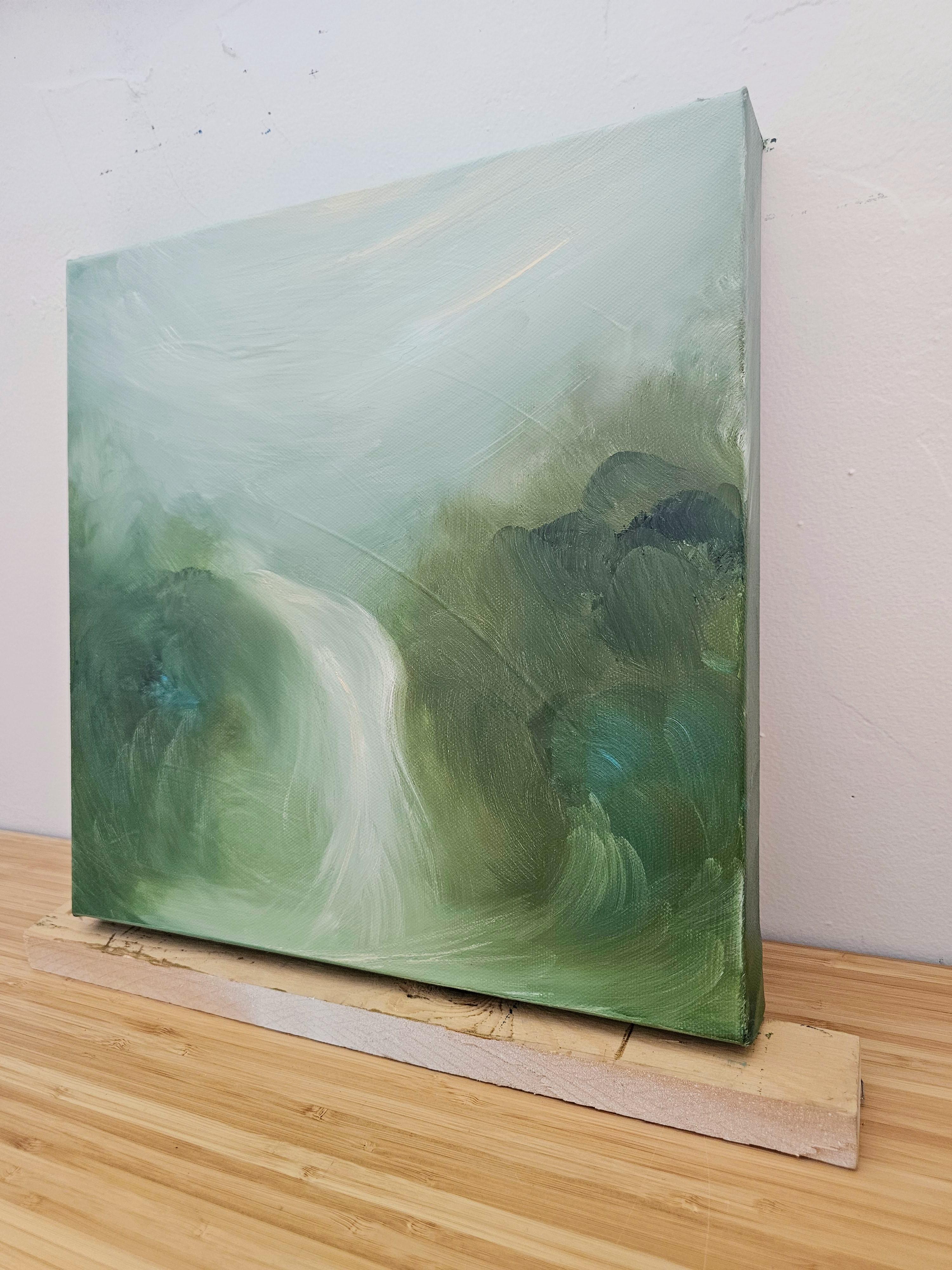 Incantata - Dreamy atmospheric green abstract landscape waterfall painting - Contemporary Painting by Jennifer L. Baker