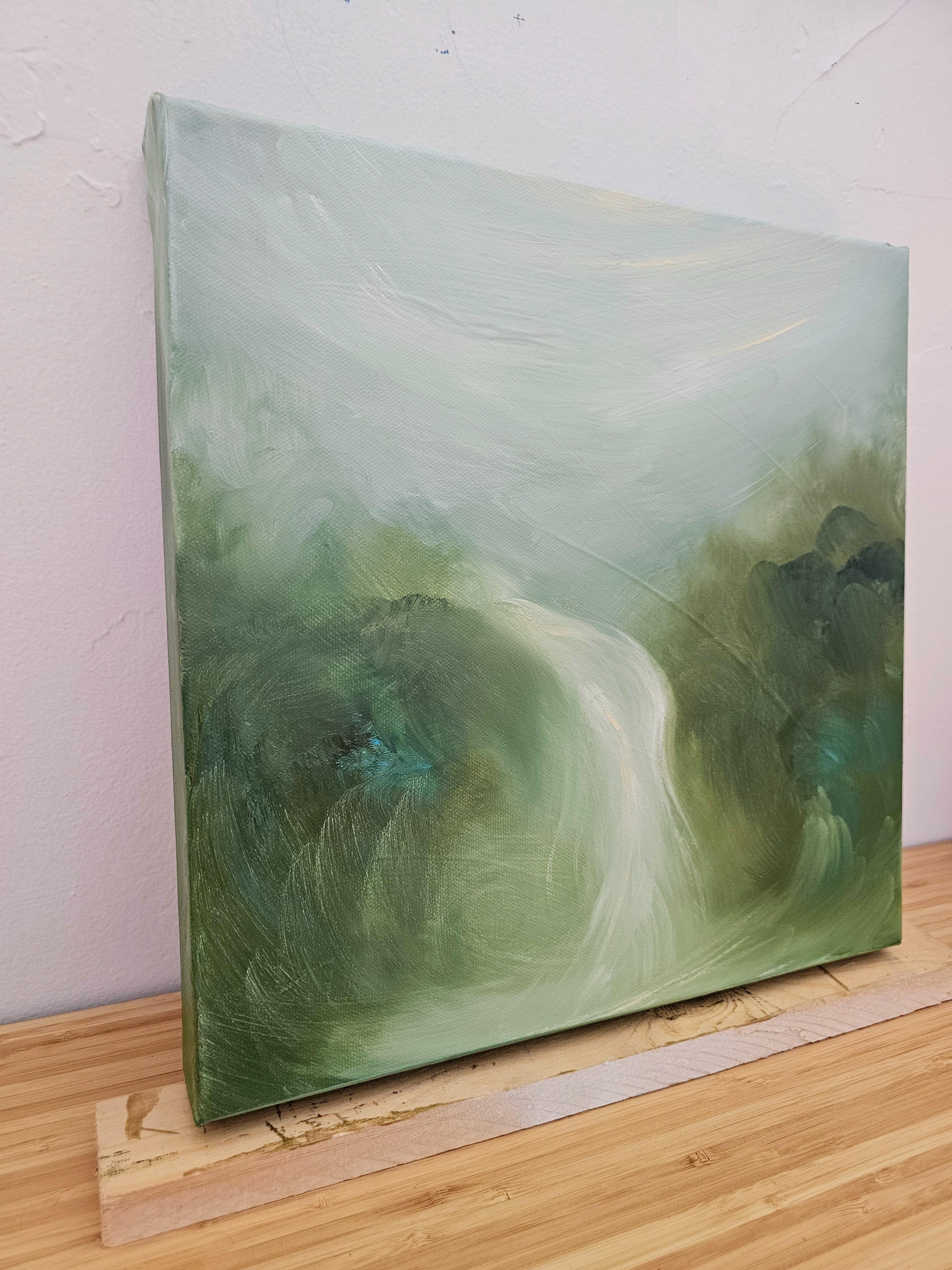 Incantata - Dreamy atmospheric green abstract landscape waterfall painting - Gray Landscape Painting by Jennifer L. Baker