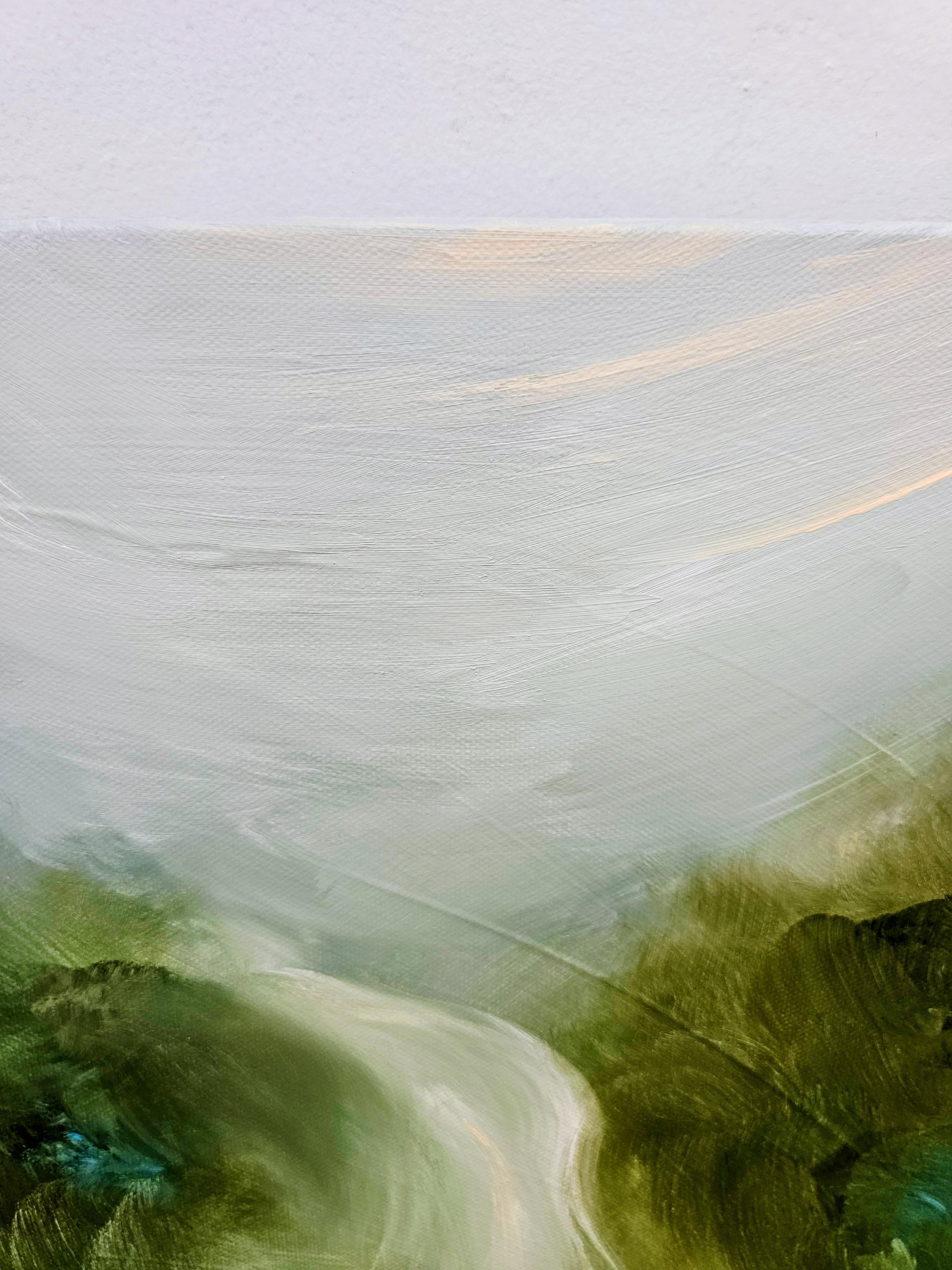 Incantata - Dreamy atmospheric green abstract landscape waterfall painting For Sale 1