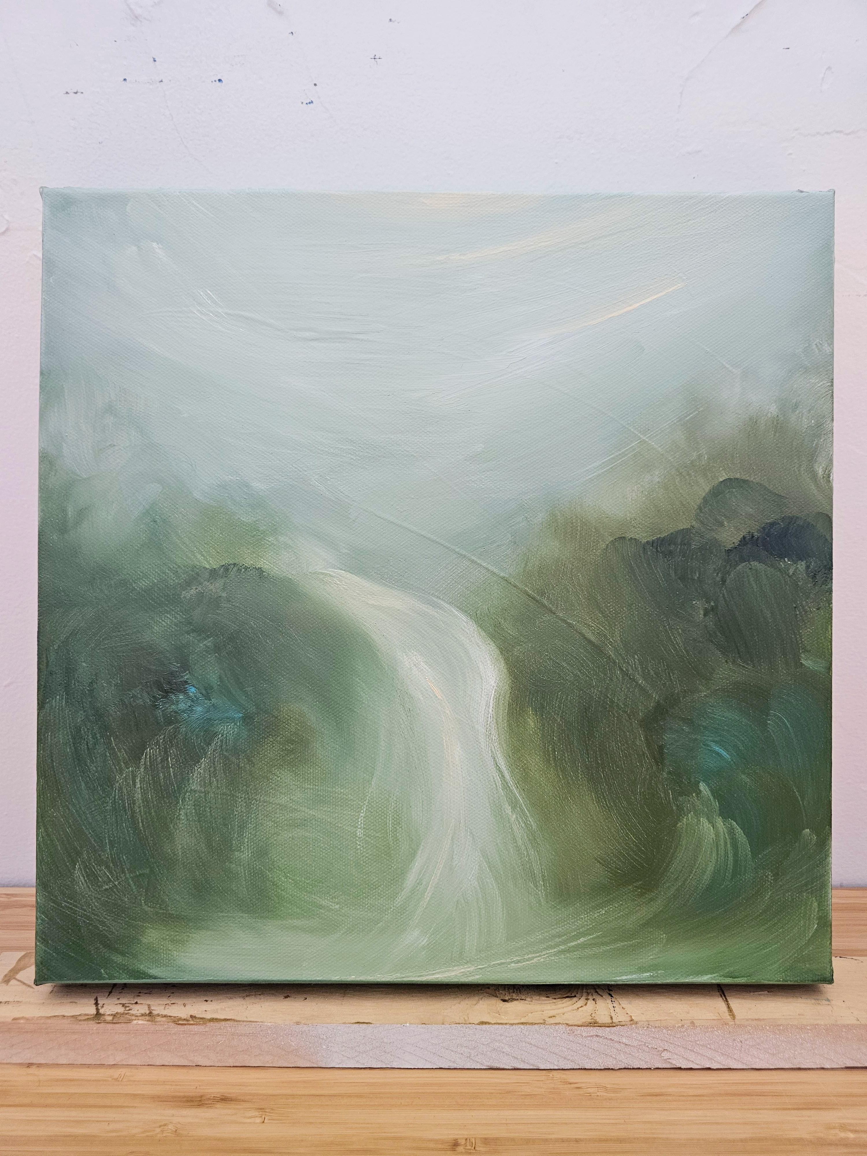 Incantata - Dreamy atmospheric green abstract landscape waterfall painting For Sale 2