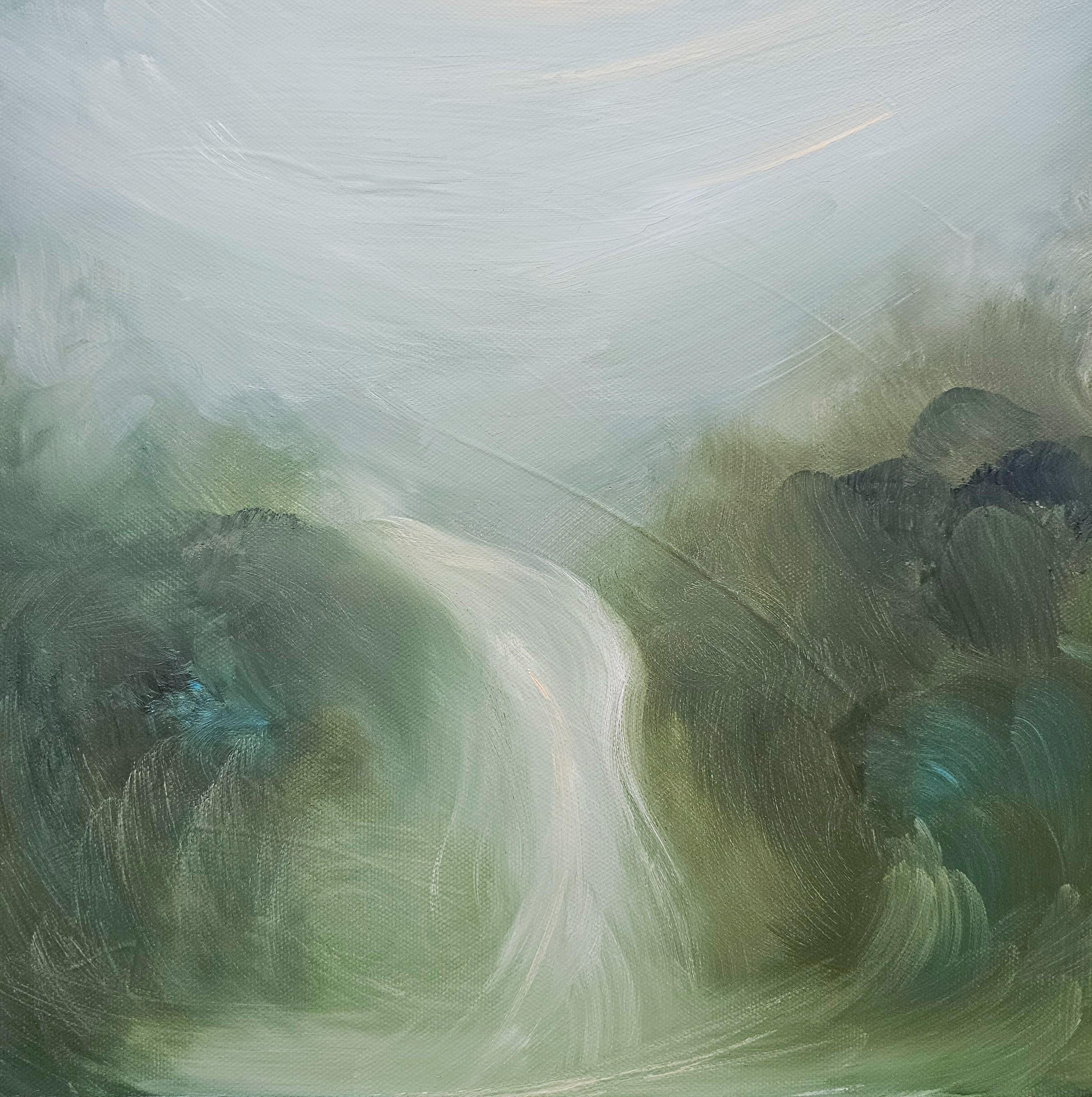 Incantata - Dreamy atmospheric green abstract landscape waterfall painting