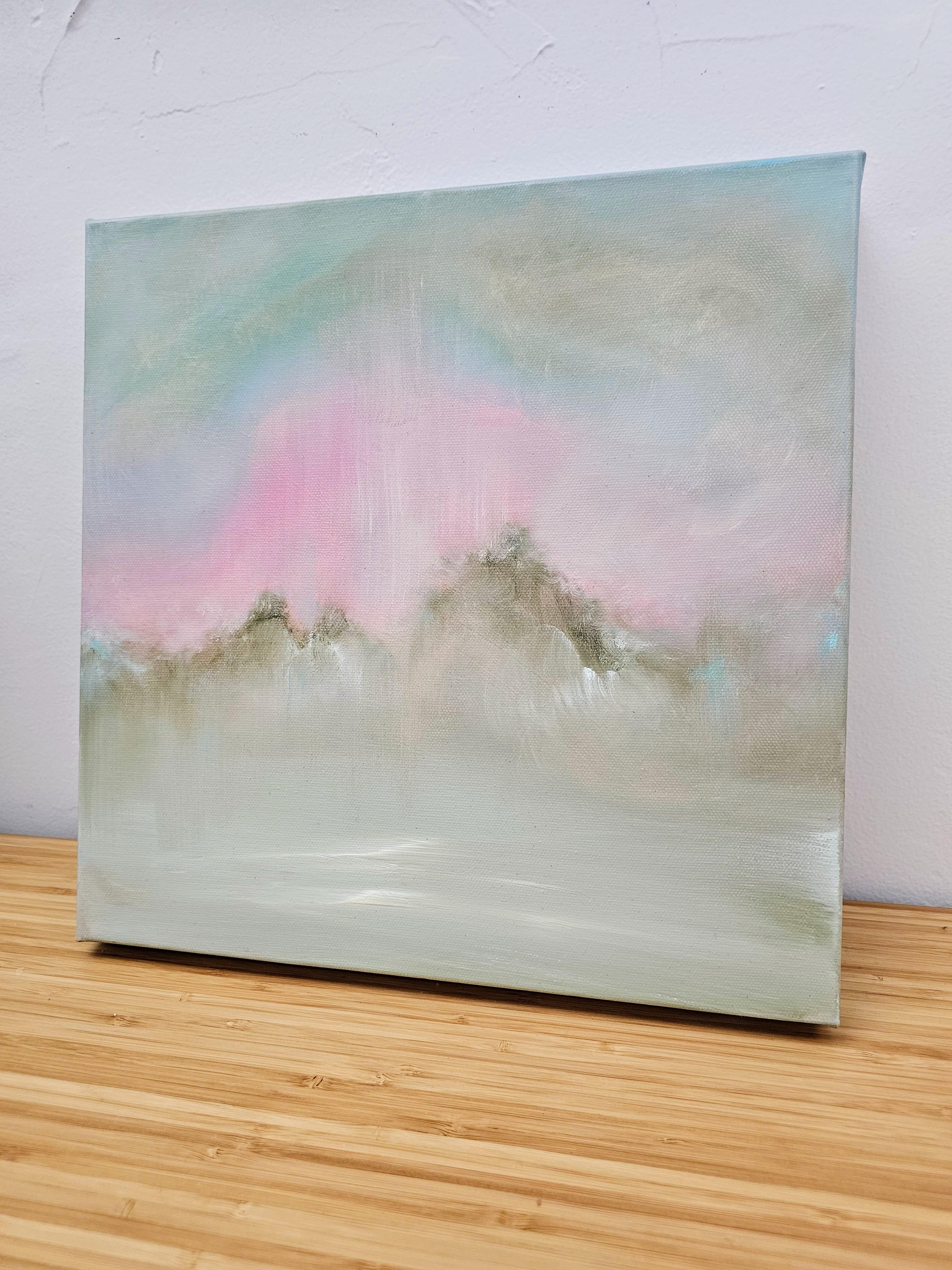 Indian Summer - Verträumte warme kleine abstrakte Sonnenuntergang Landschaft Gemälde – Painting von Jennifer L. Baker