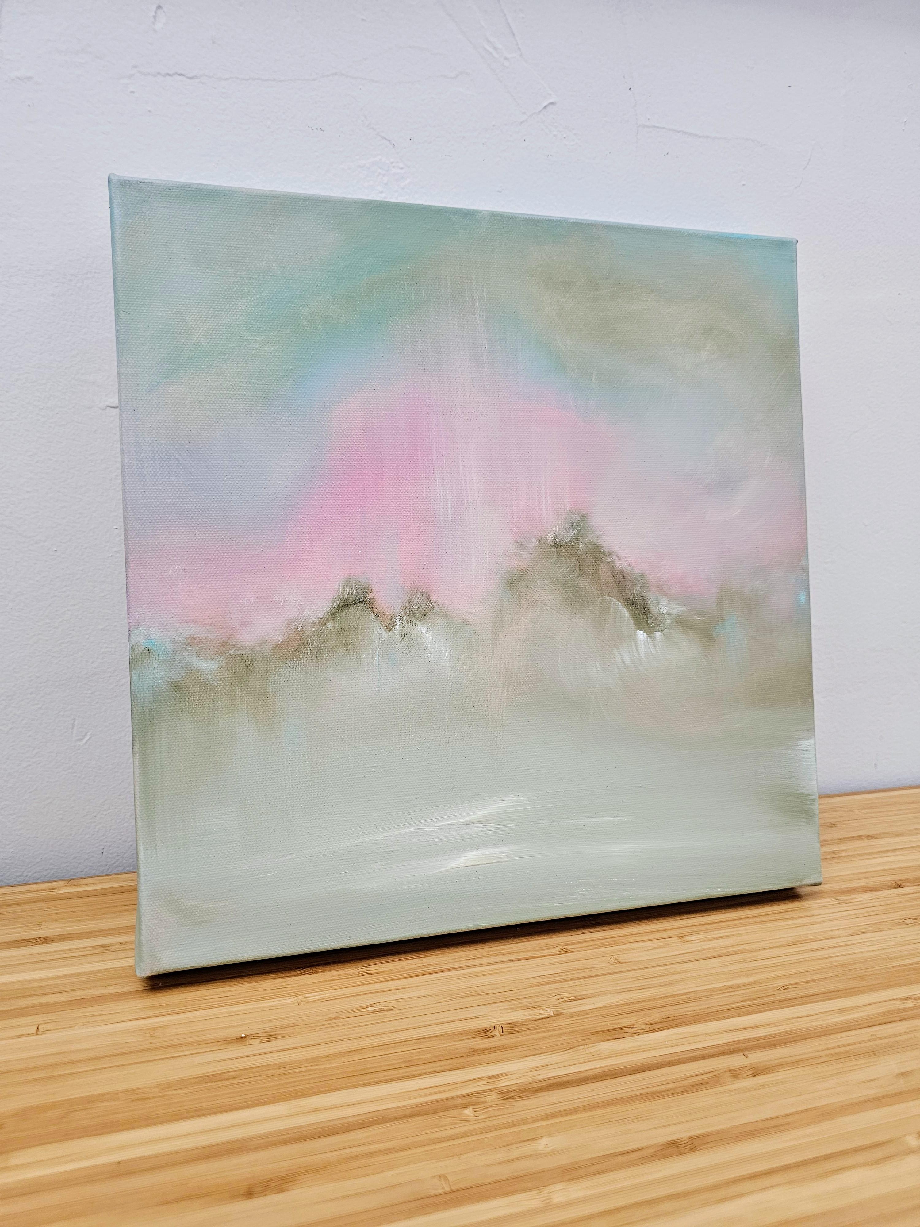 Indian Summer - Verträumte warme kleine abstrakte Sonnenuntergang Landschaft Gemälde (Zeitgenössisch), Painting, von Jennifer L. Baker