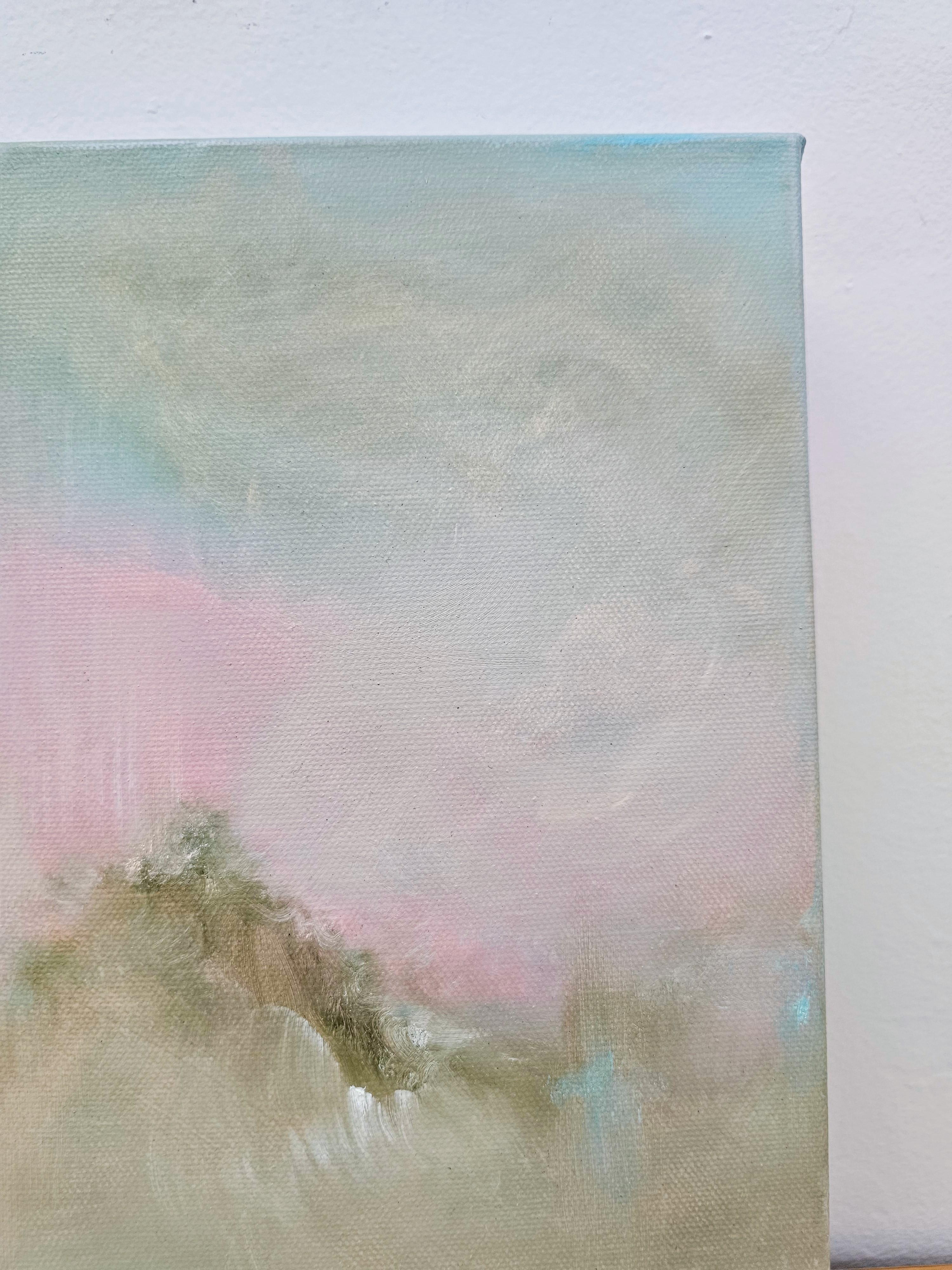 Oh, mein roségoldener Himmel, wenn die Dämmerung den wilden Berg an den längsten Abenden des Jahres einhüllt. Wenn du nur ewig leben könntest.

Eine kleine Leinwand auf einem tiefen Rahmen, mit perfekt gearbeiteten Seiten, zum Aufhängen an der Wand