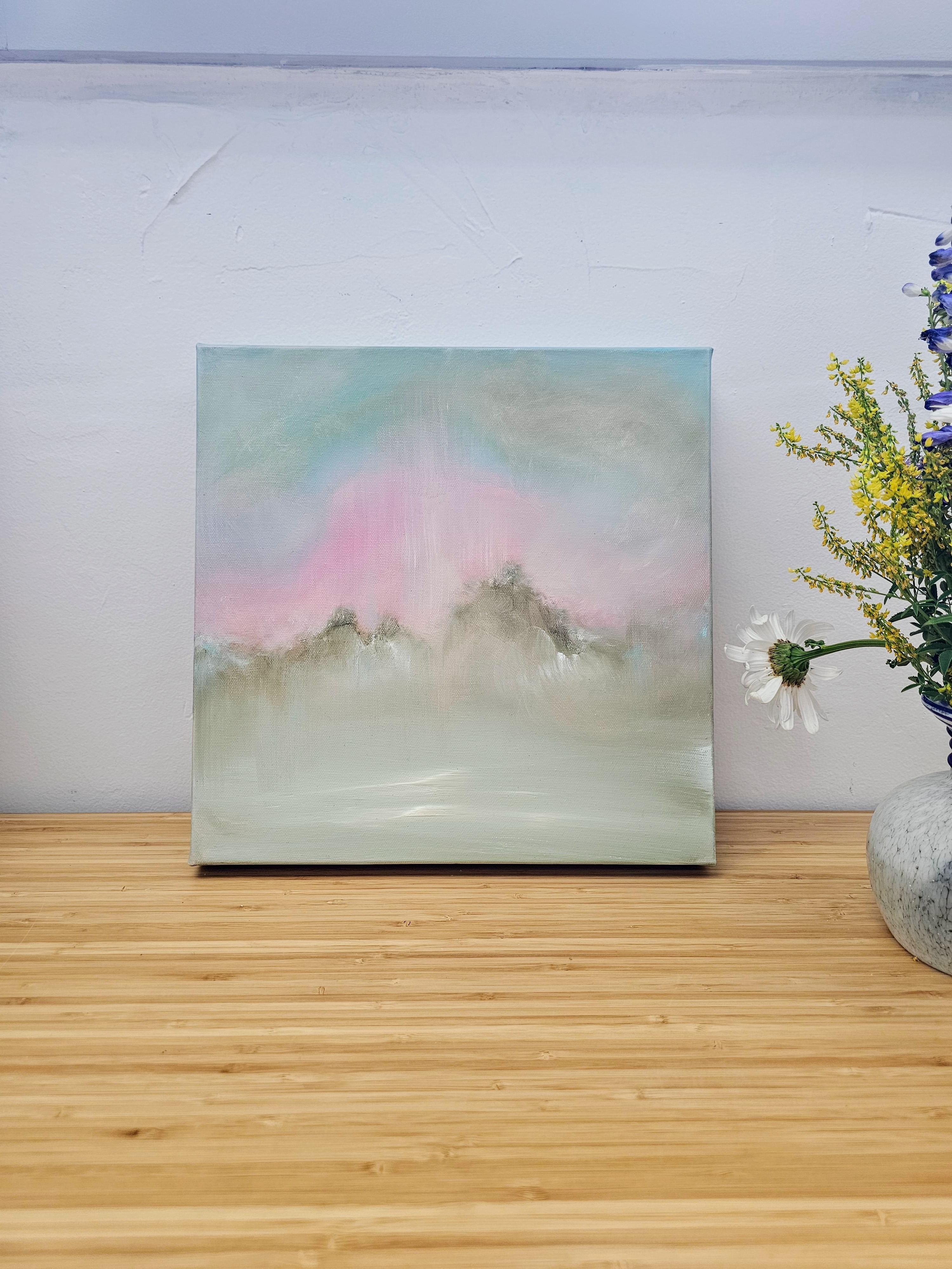 Indian Summer - Verträumte warme kleine abstrakte Sonnenuntergang Landschaft Gemälde im Angebot 1