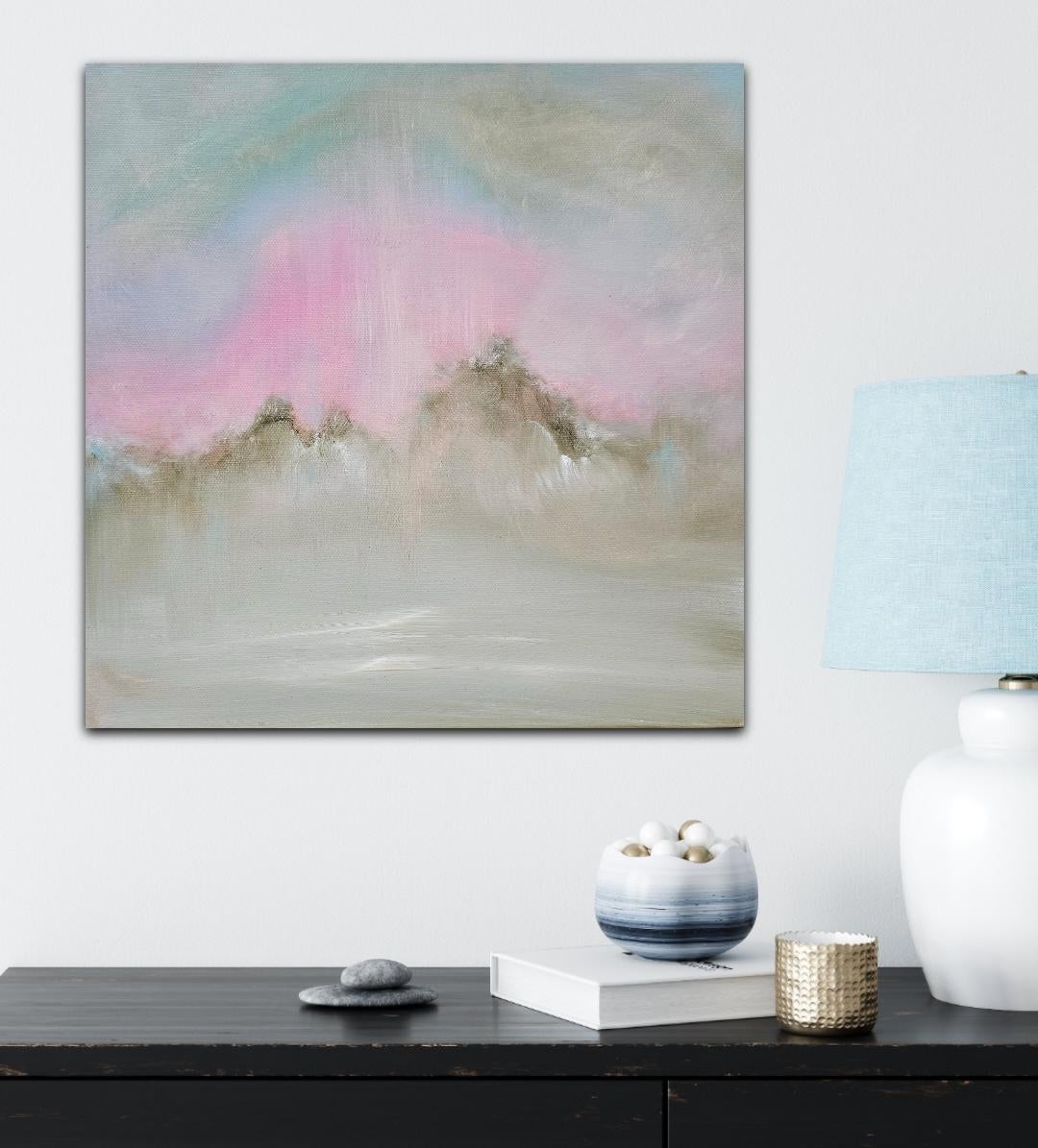 Indian Summer - Verträumte warme kleine abstrakte Sonnenuntergang Landschaft Gemälde – Painting von Jennifer L. Baker