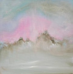 Été indien - Petite peinture abstraite de paysage de coucher de soleil, chaude et rêveuse