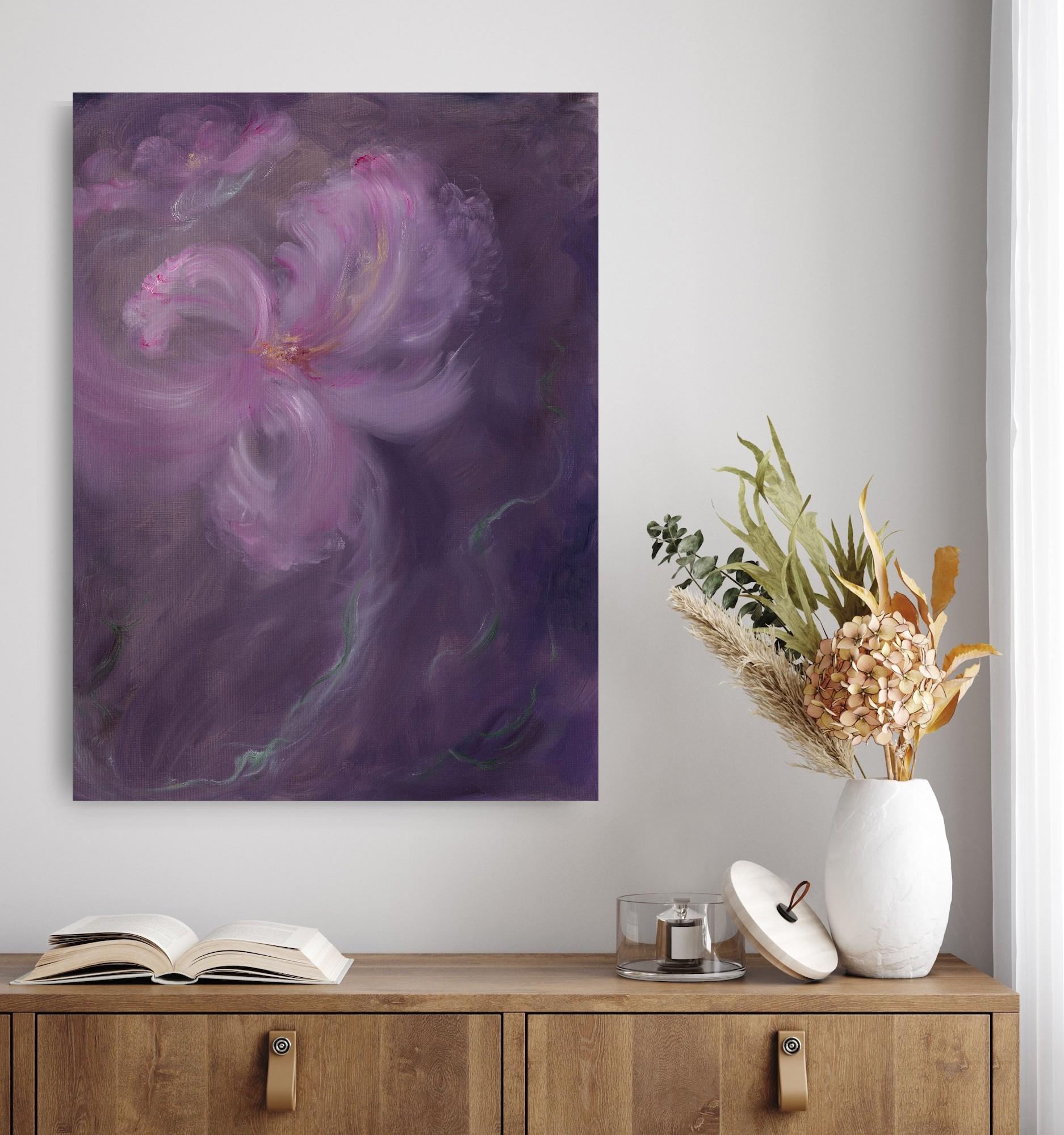 Iris in arabesco - Quadro floreale astratto viola e rosa in vendita 9
