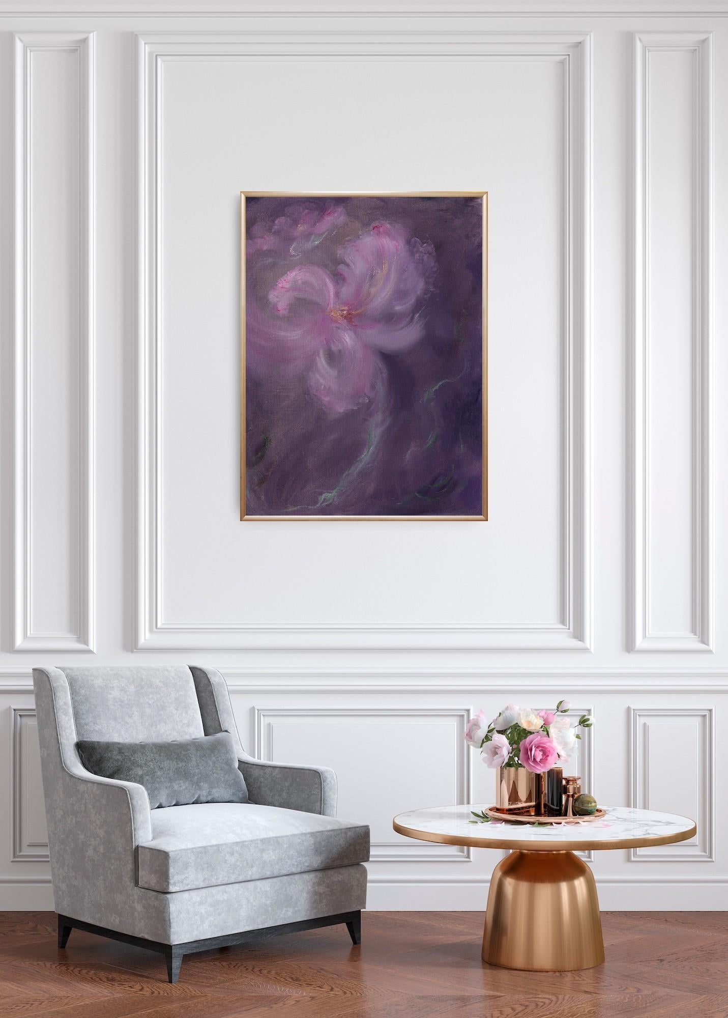 Iris in arabesco - Quadro floreale astratto viola e rosa in vendita 4