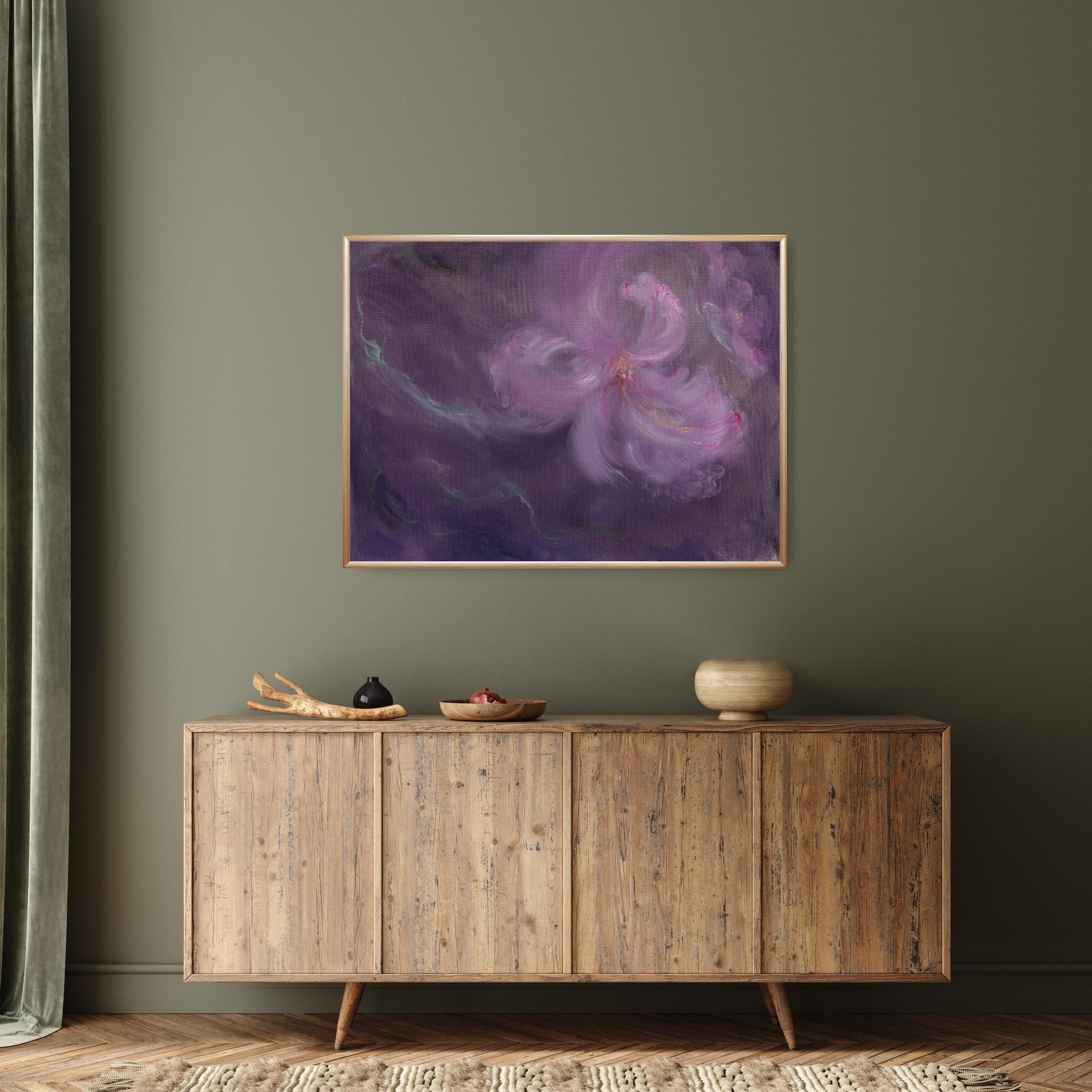 Iris in arabesco - Quadro floreale astratto viola e rosa in vendita 3