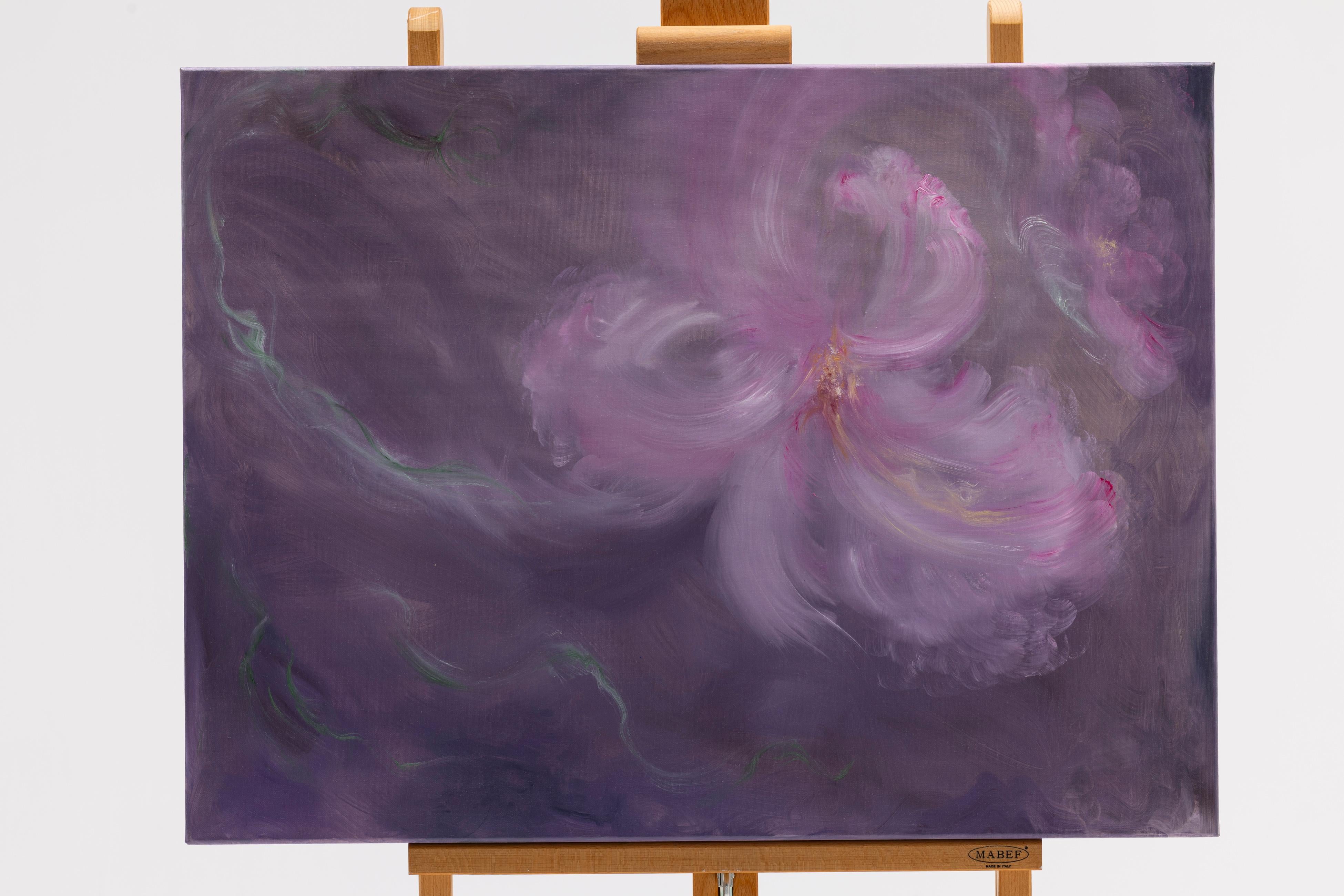 Iris in arabesco - Quadro floreale astratto viola e rosa in vendita 11