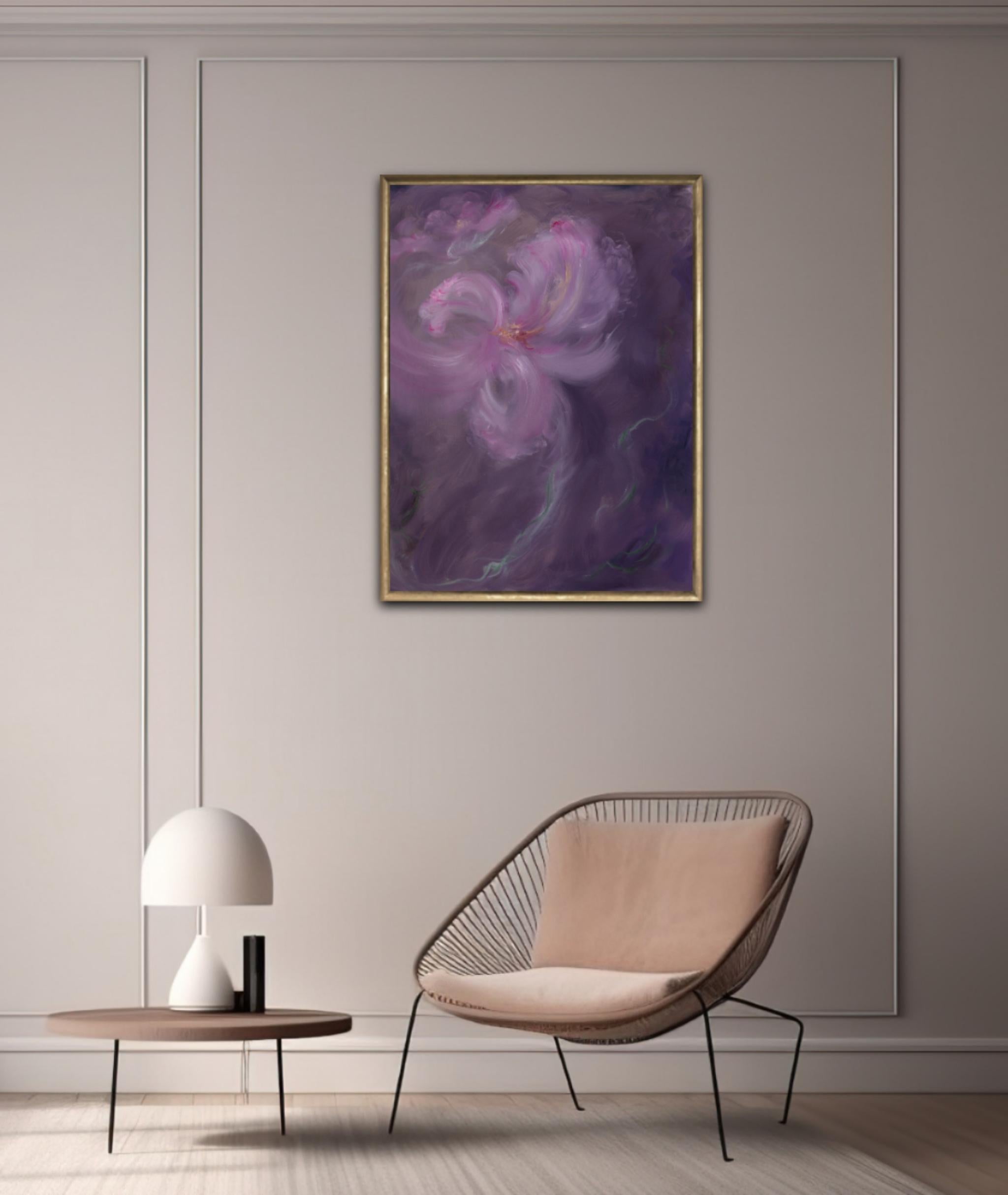 Iris in arabesco - Quadro floreale astratto viola e rosa - Painting di Jennifer L. Baker