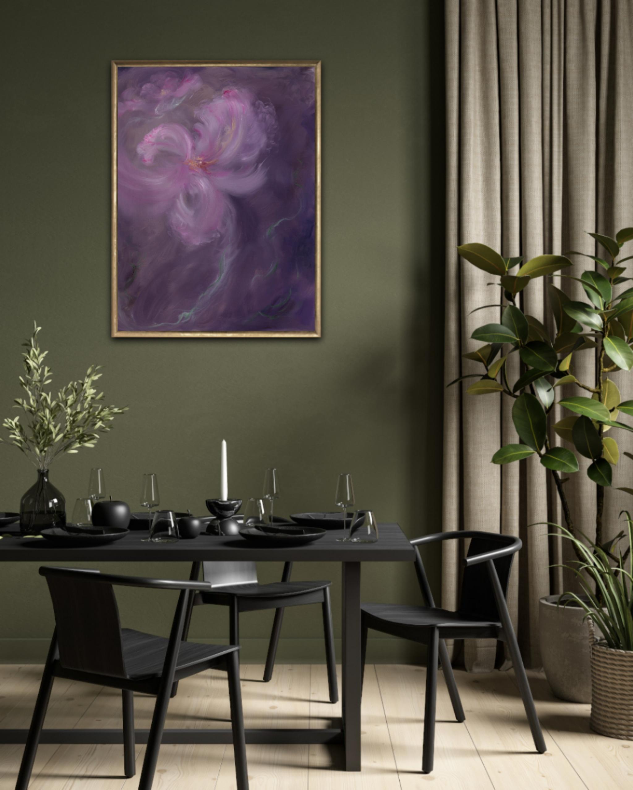 Iris in arabesco - Quadro floreale astratto viola e rosa - Painting Espressionismo astratto di Jennifer L. Baker