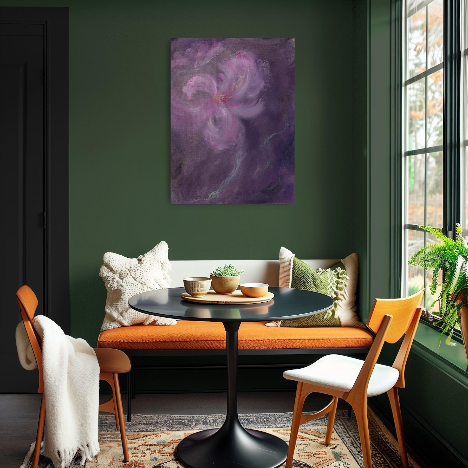Iris in arabesco - Quadro floreale astratto viola e rosa - Abstract Painting Grigio di Jennifer L. Baker