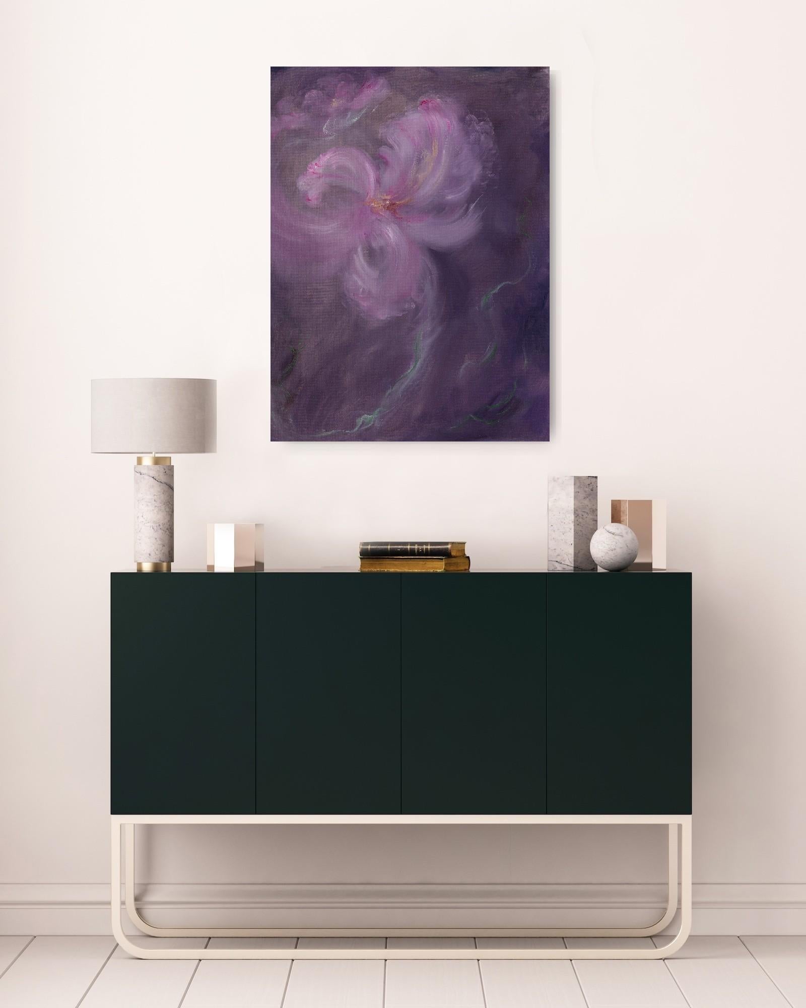 Iris in arabesco - Quadro floreale astratto viola e rosa in vendita 1