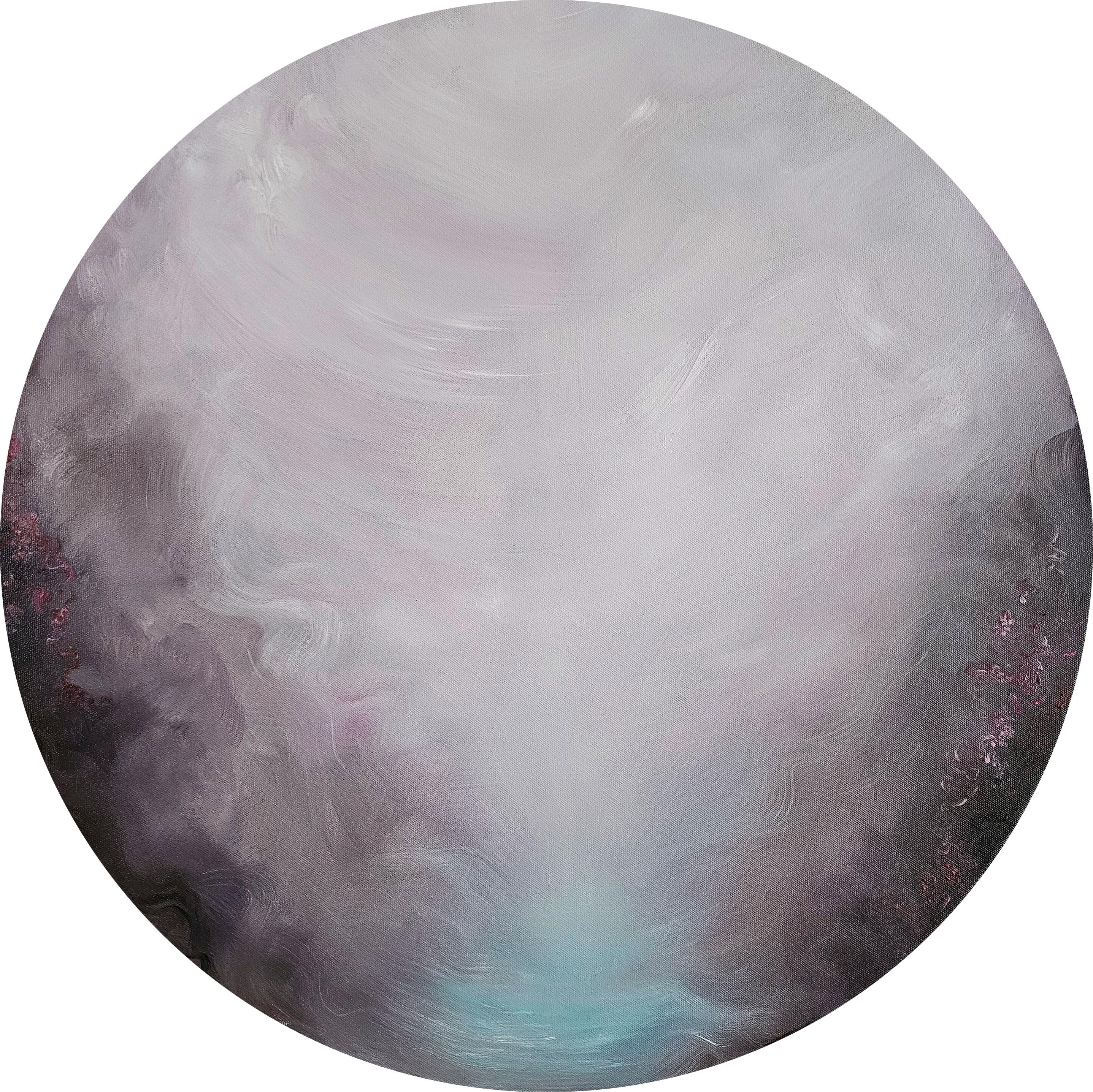 Jennifer L. Baker Abstract Painting – Ich habe ein Geheimnis - Atmosphärische dramatische abstrakte runde Landschaftsmalerei