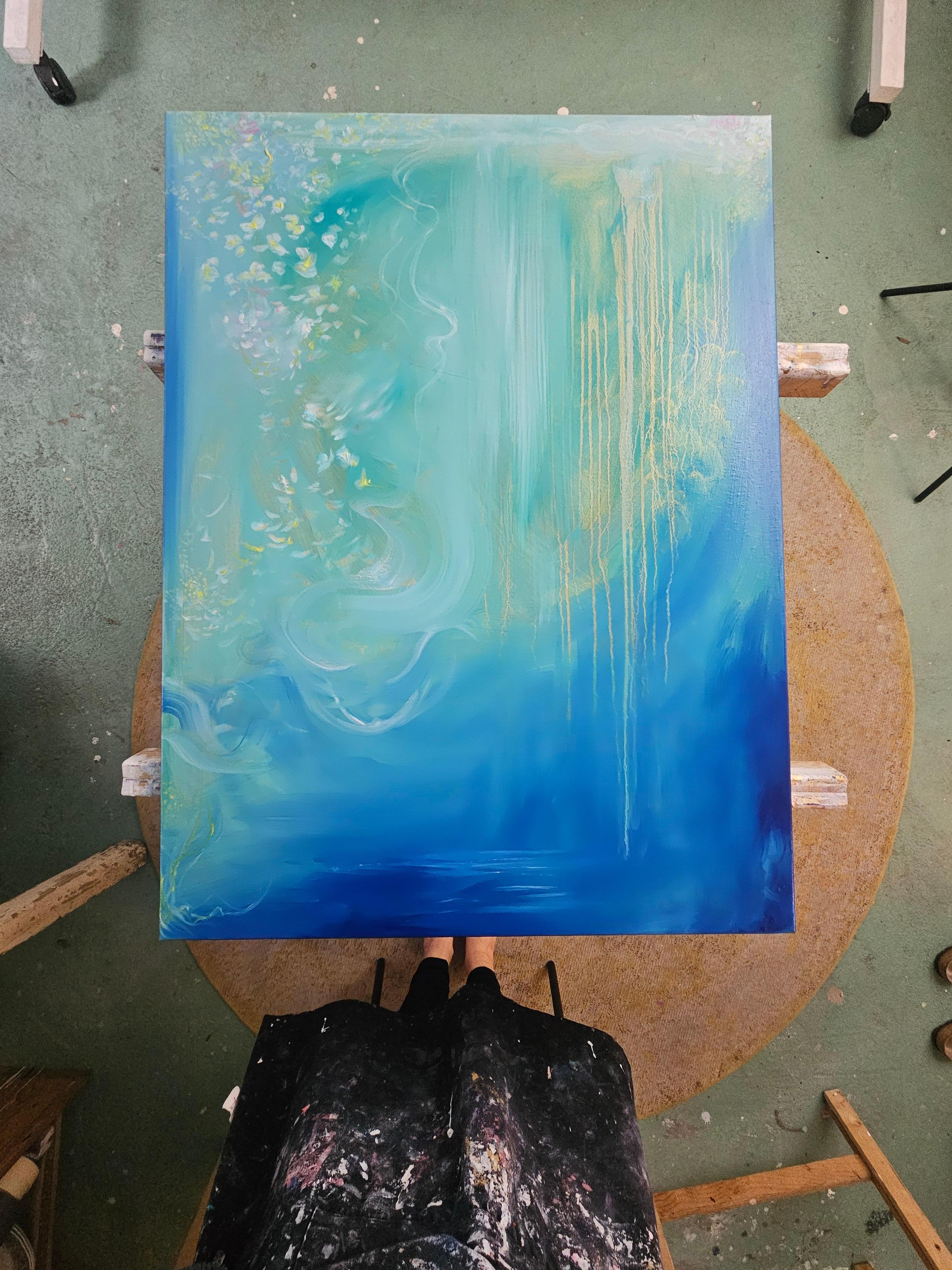 Jasmine of the sea - blue green abstract flowy sea painting For Sale 7